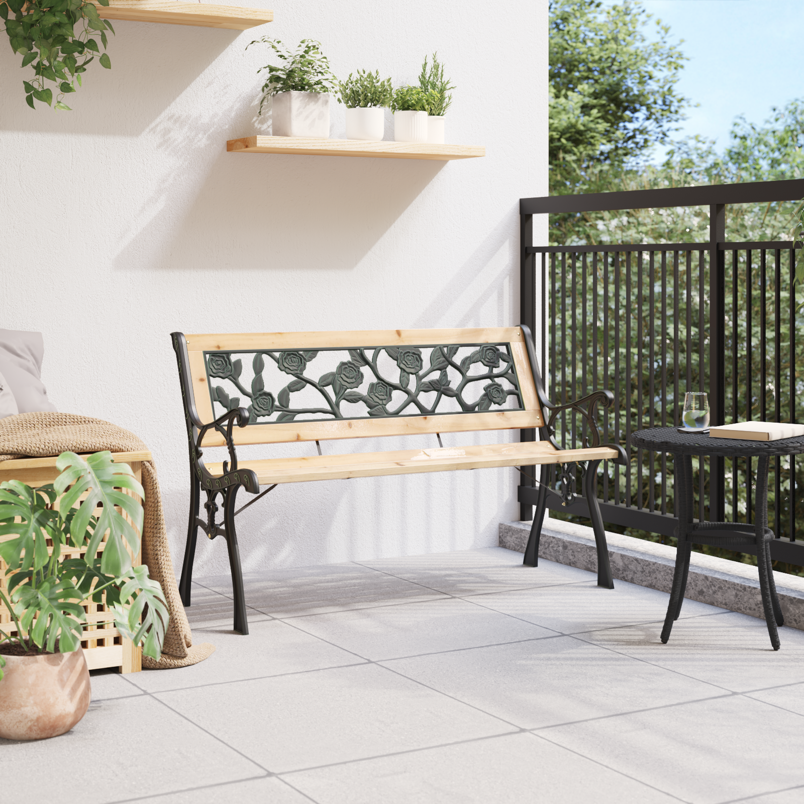 Garden Bench with Rose Patterned Backrest 116 cm Wood - Image 3