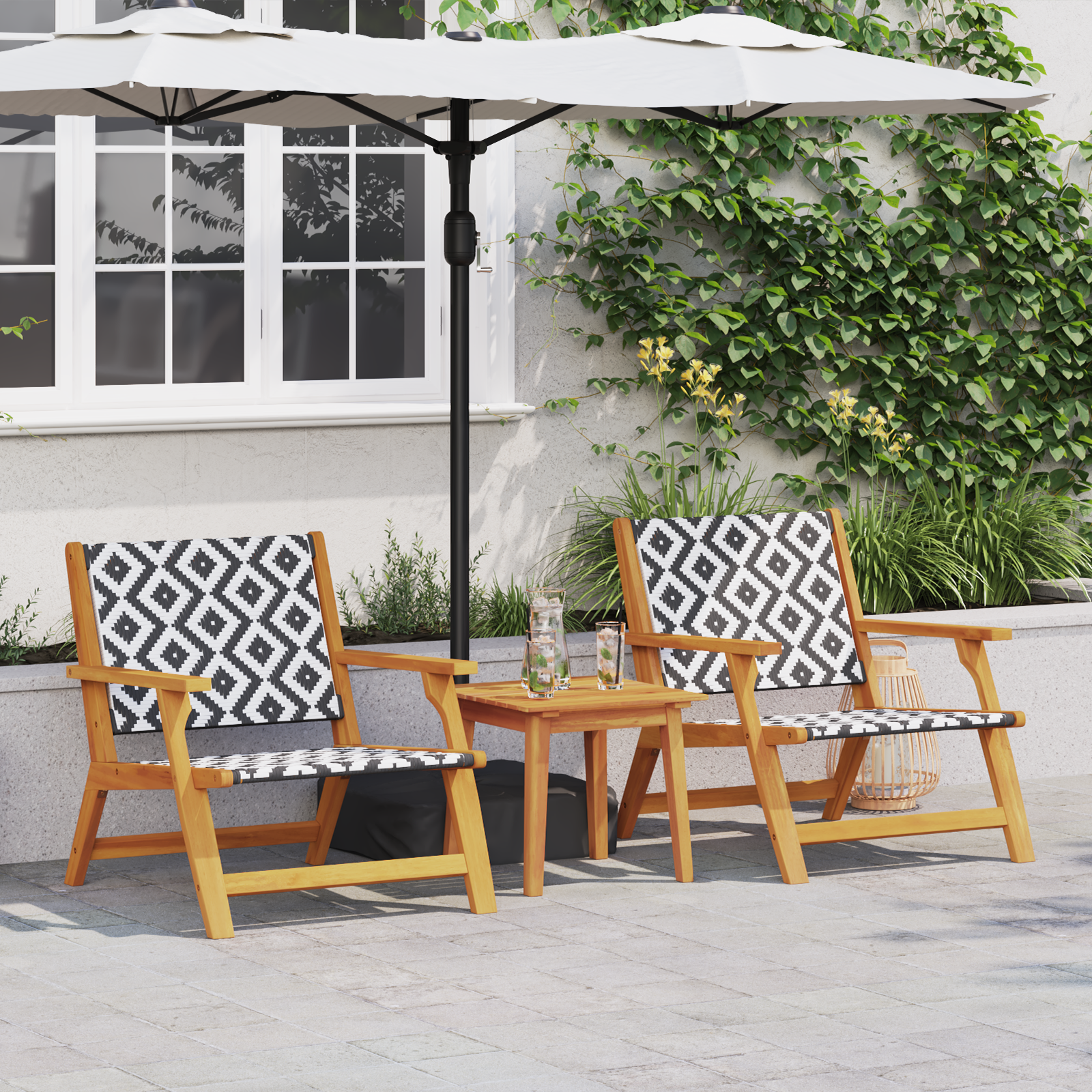 Tuinstoelen met Tafel 3-delige Set Zwart en Wit Massief Acaciahout