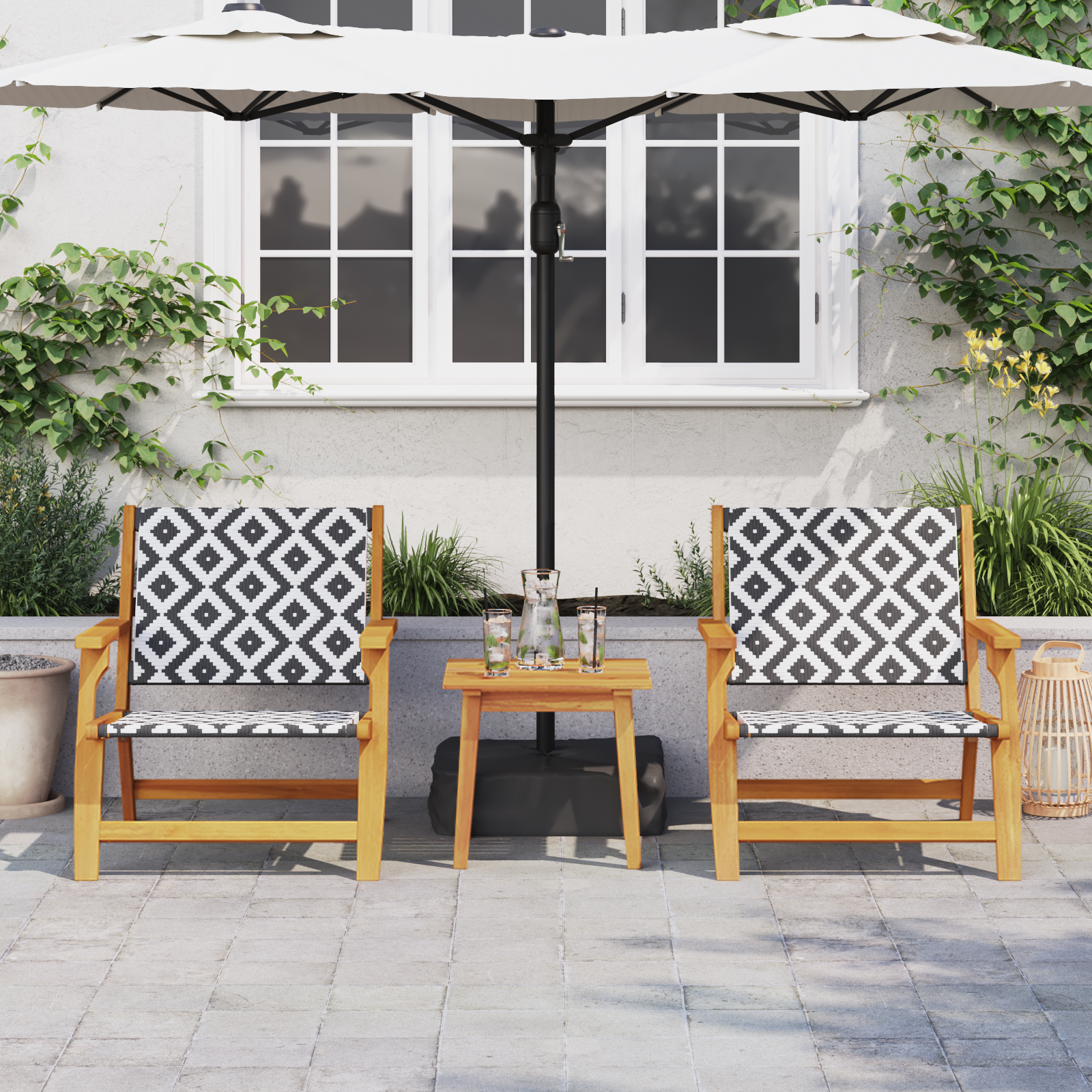 Garden Chairs with Table Set - 3 Pieces in Black and White, Made of Solid Acacia Wood - Image 4