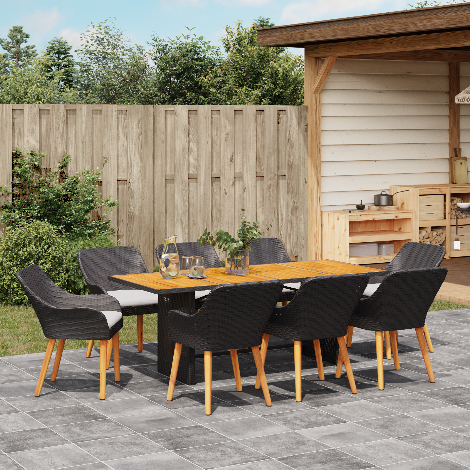 9 Piece Garden Dining Set Black Poly Rattan - Image 4