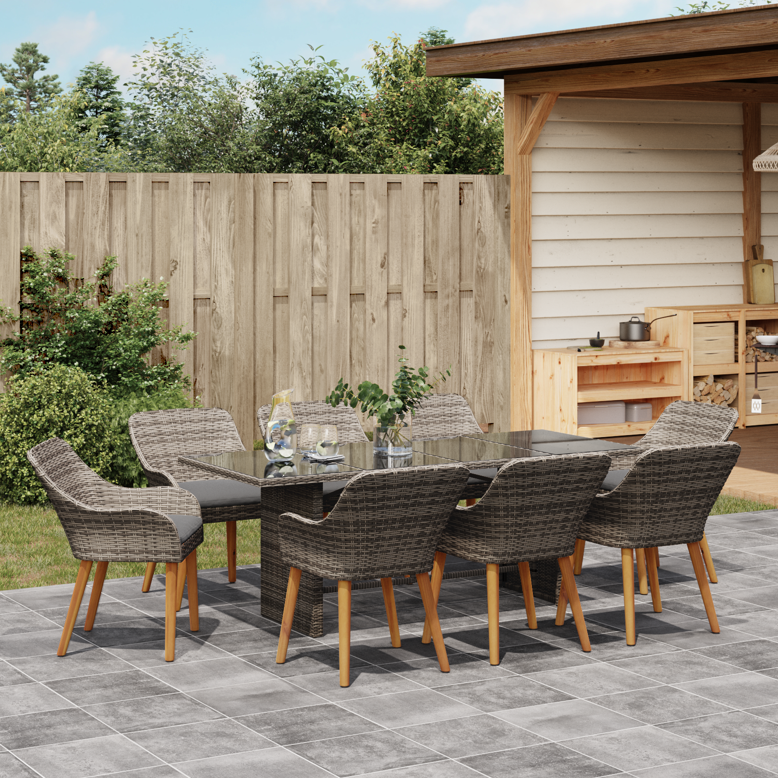 9 Piece Garden Dining Set Grey Poly Rattan - Image 4