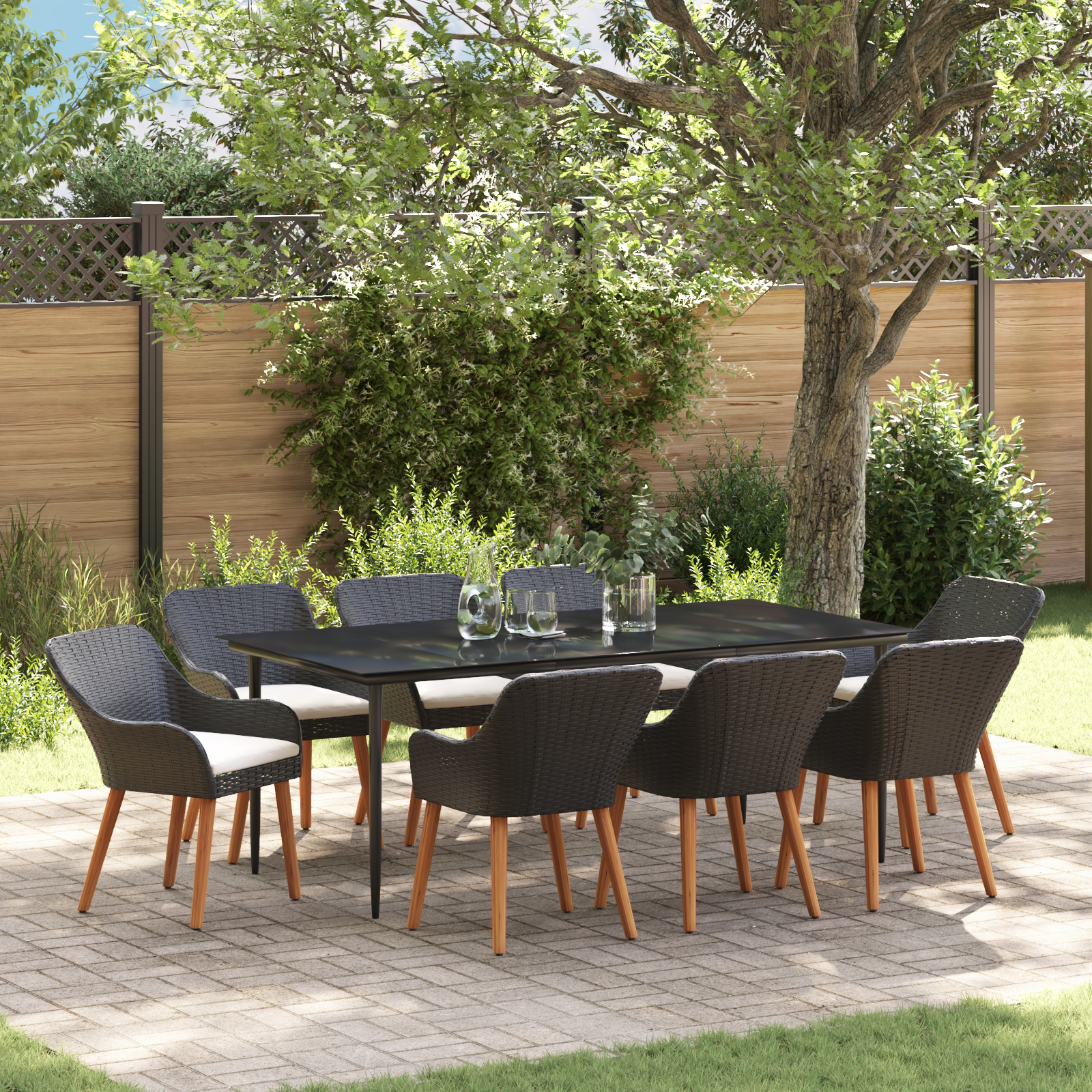 9 Piece Garden Dining Set Black Poly Rattan