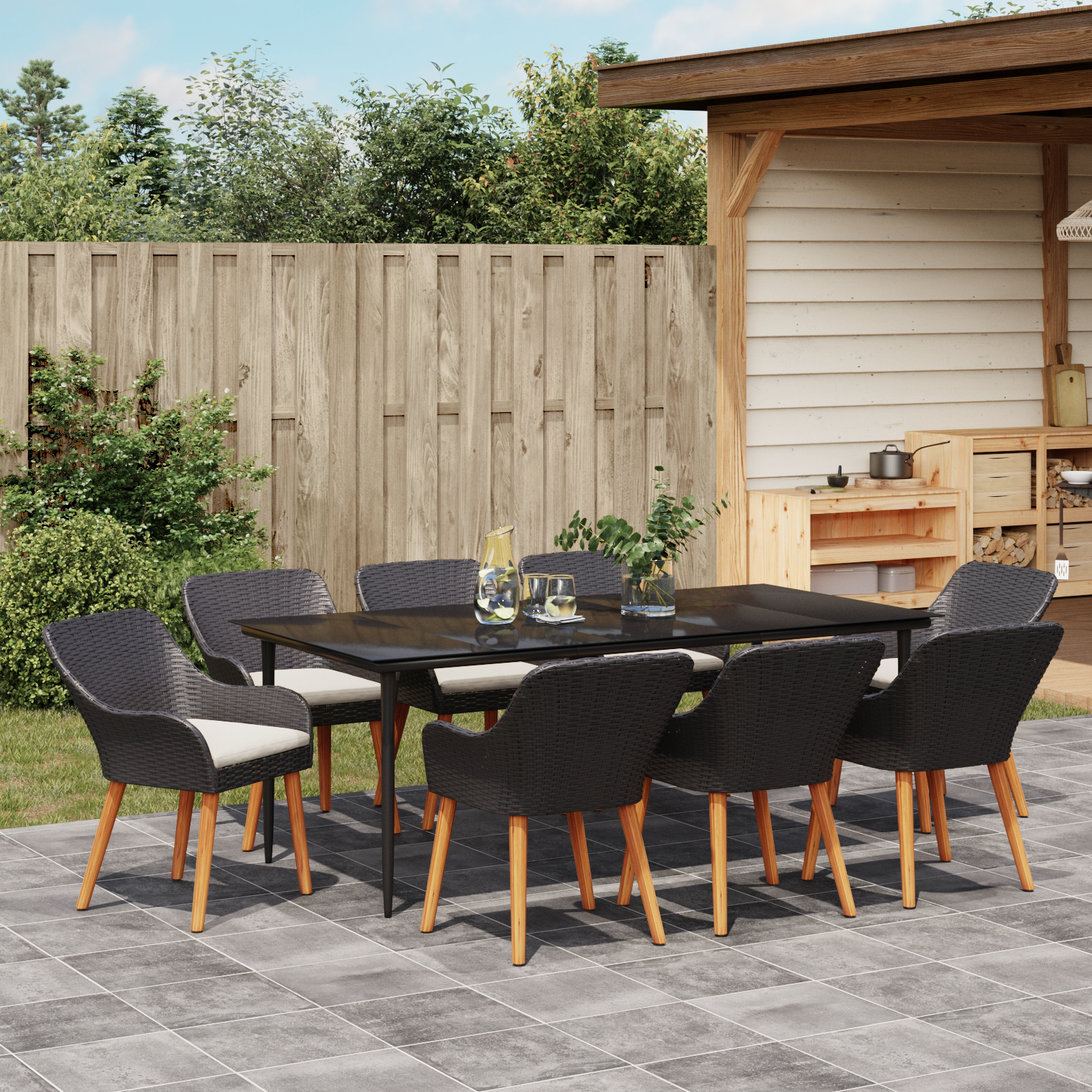 9 Piece Garden Dining Set Black Poly Rattan - Image 4