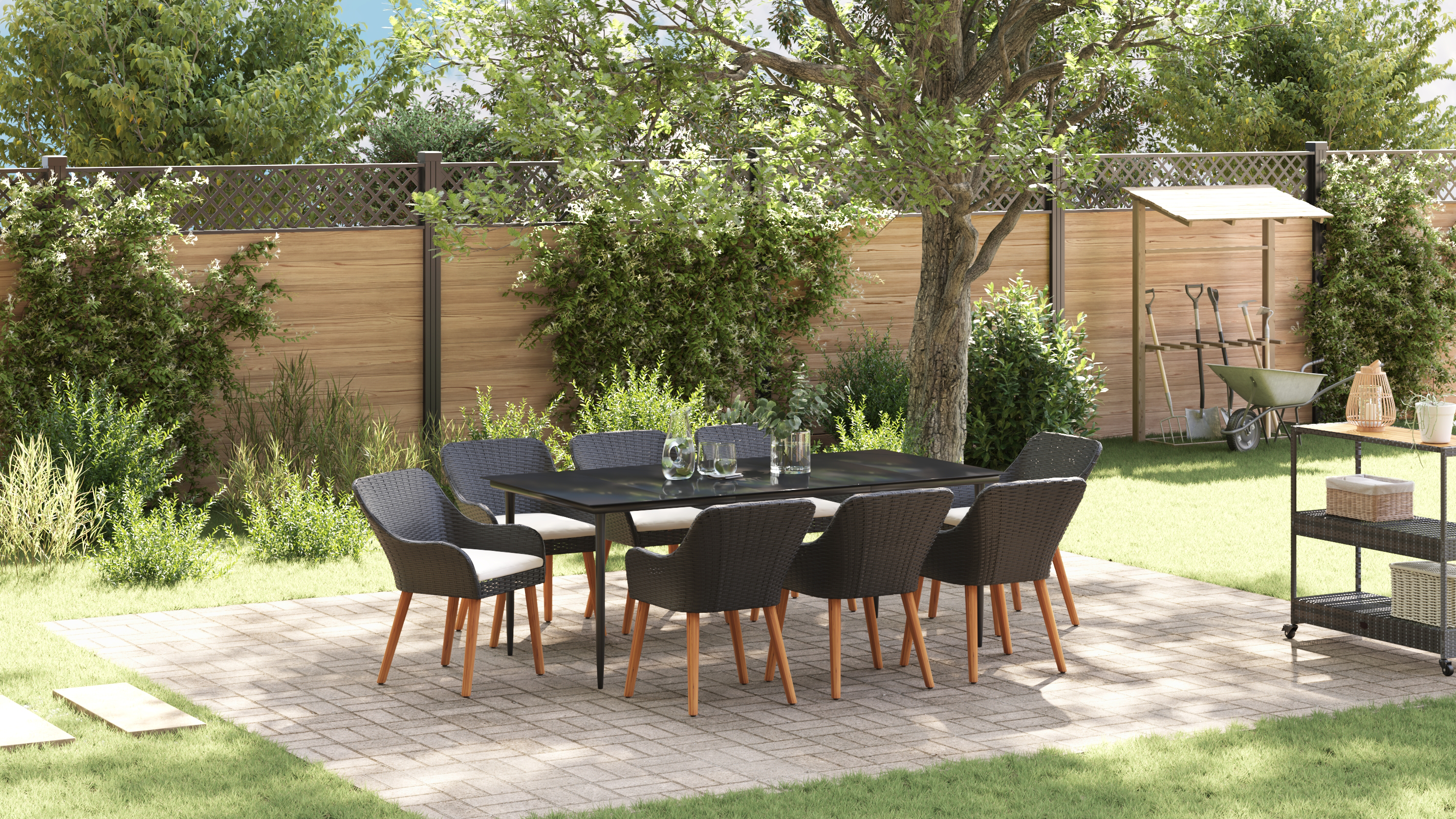 9 Piece Garden Dining Set Black Poly Rattan - Image 5