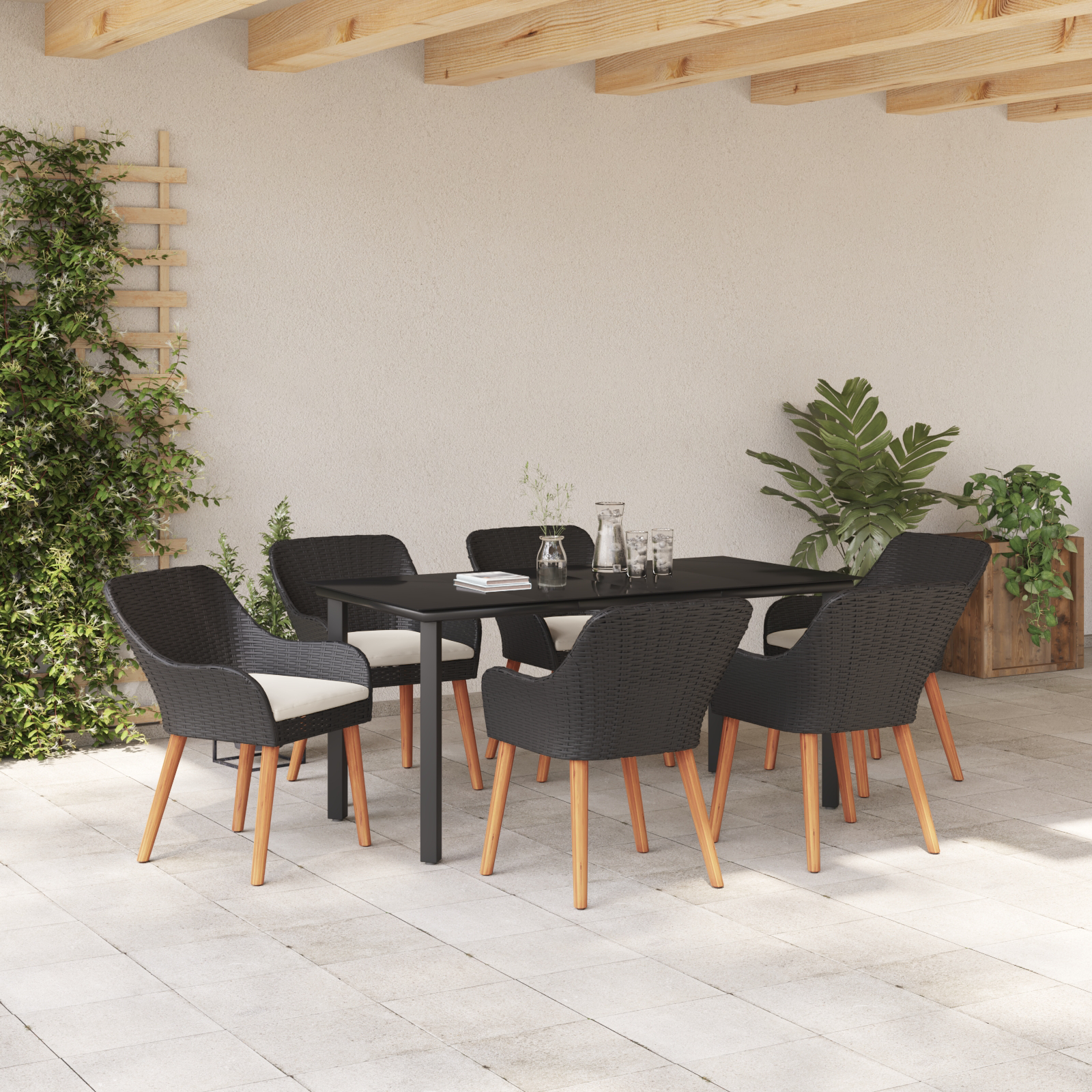 7 Piece Garden Dining Set Black Poly Rattan - Image 4