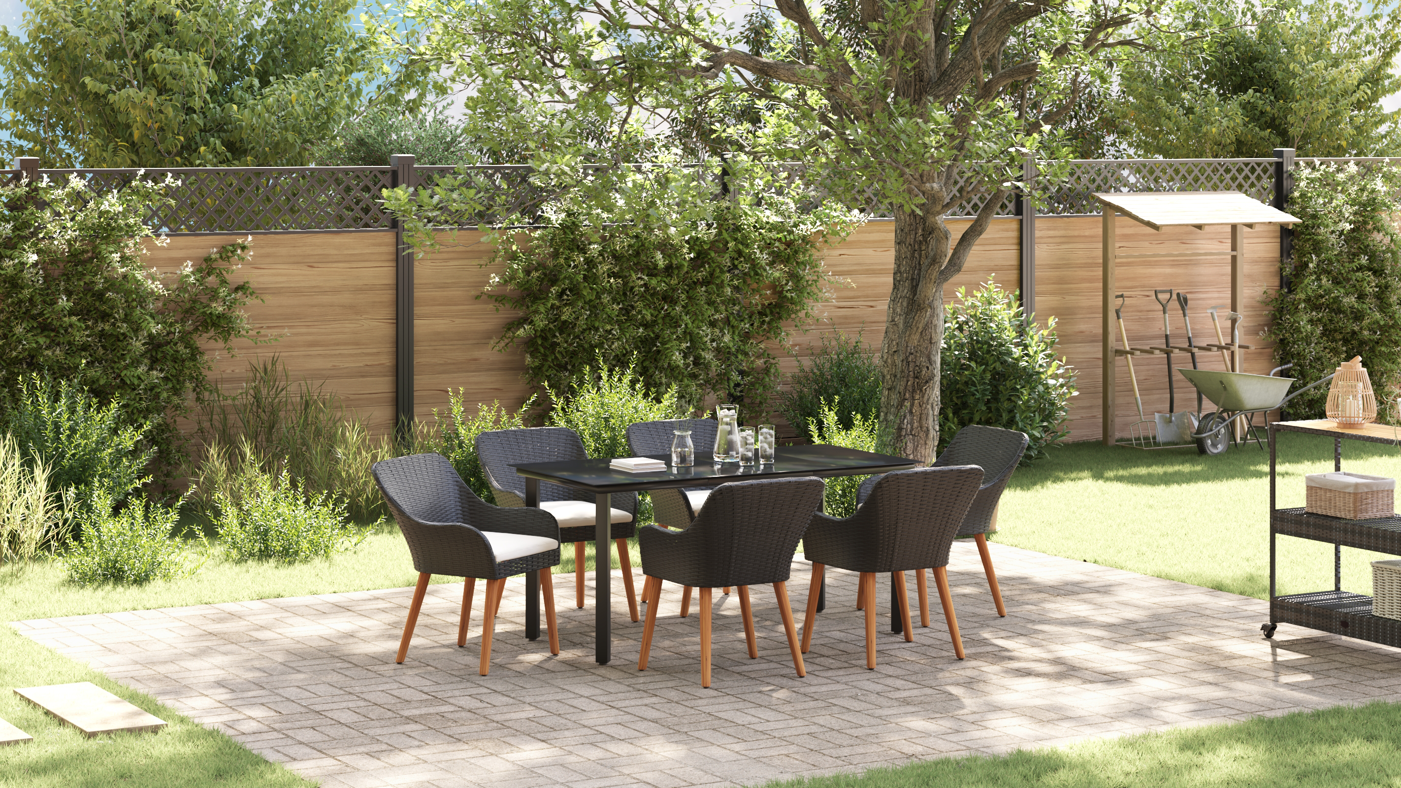7 Piece Garden Dining Set Black Poly Rattan - Image 5