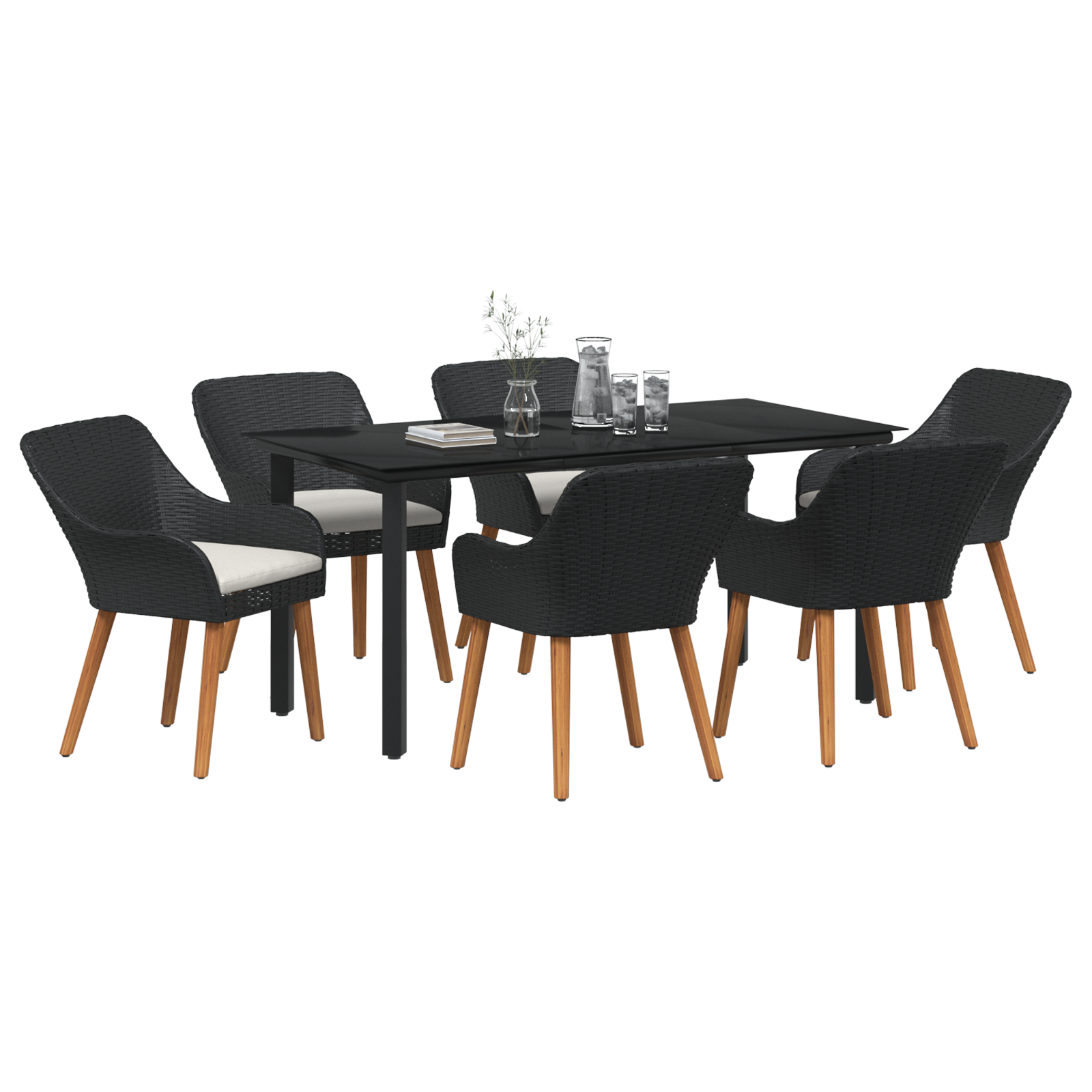 7 Piece Garden Dining Set Black Poly Rattan - Image 3