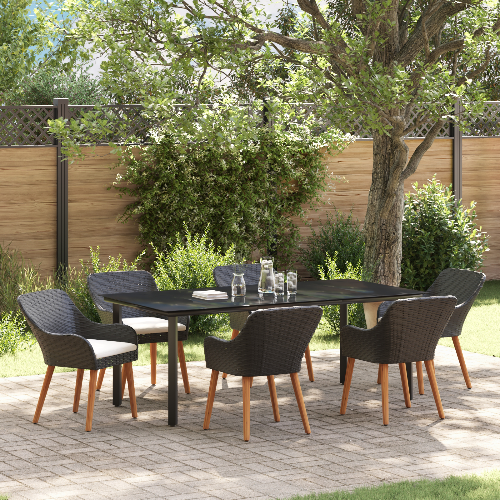 7 Piece Garden Dining Set Black Poly Rattan