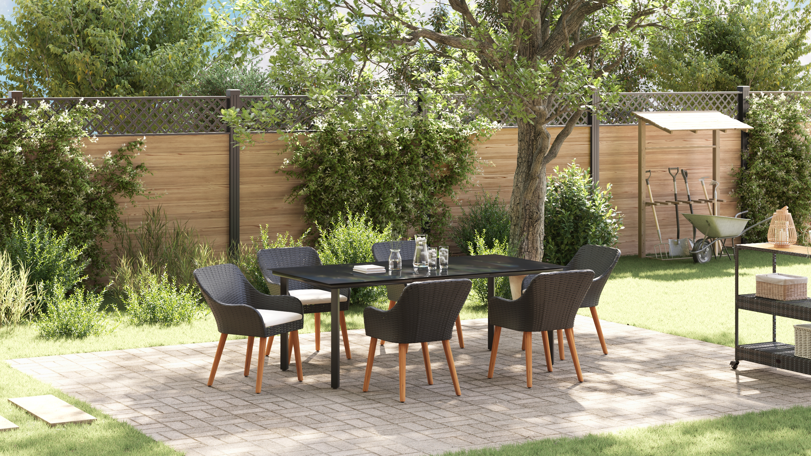 7 Piece Garden Dining Set Black Poly Rattan - Image 5