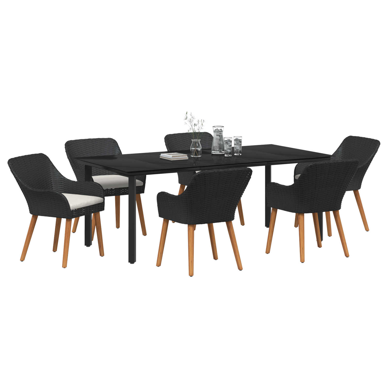 7 Piece Garden Dining Set Black Poly Rattan - Image 3