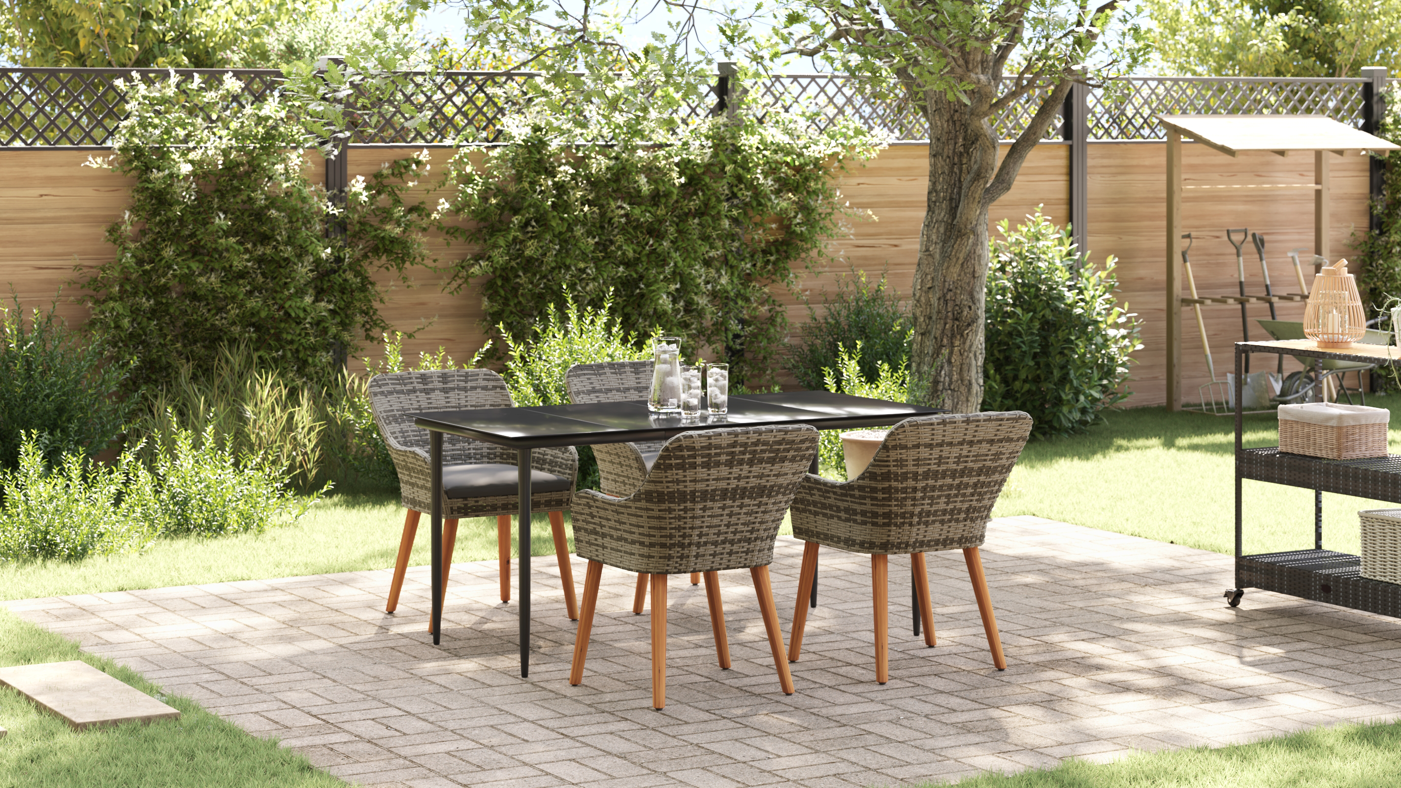 5 Piece Garden Dining Set Grey Poly Rattan - Image 5