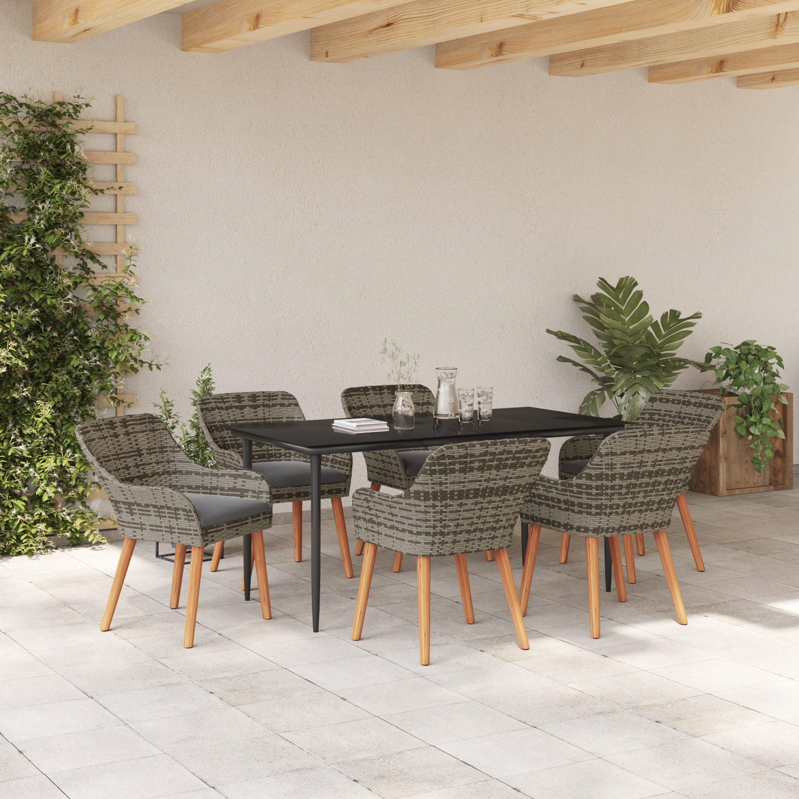 7 Piece Garden Dining Set Grey Poly Rattan - Image 4