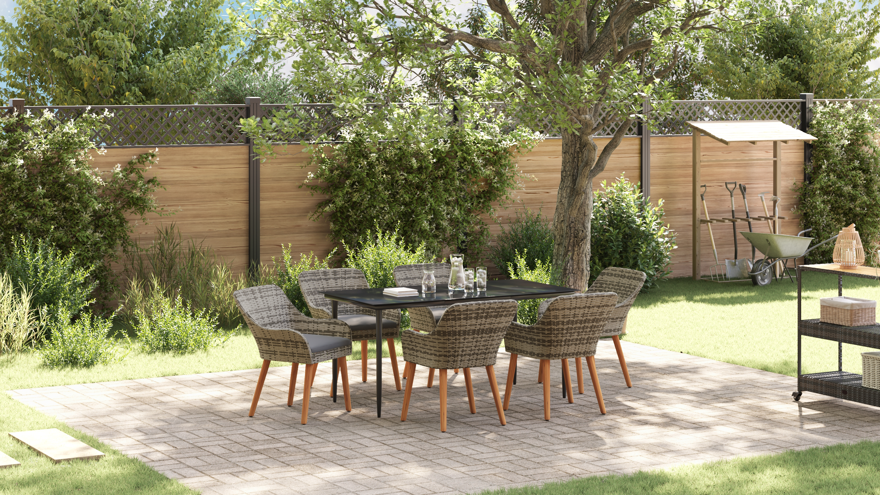 7 Piece Garden Dining Set Grey Poly Rattan - Image 5