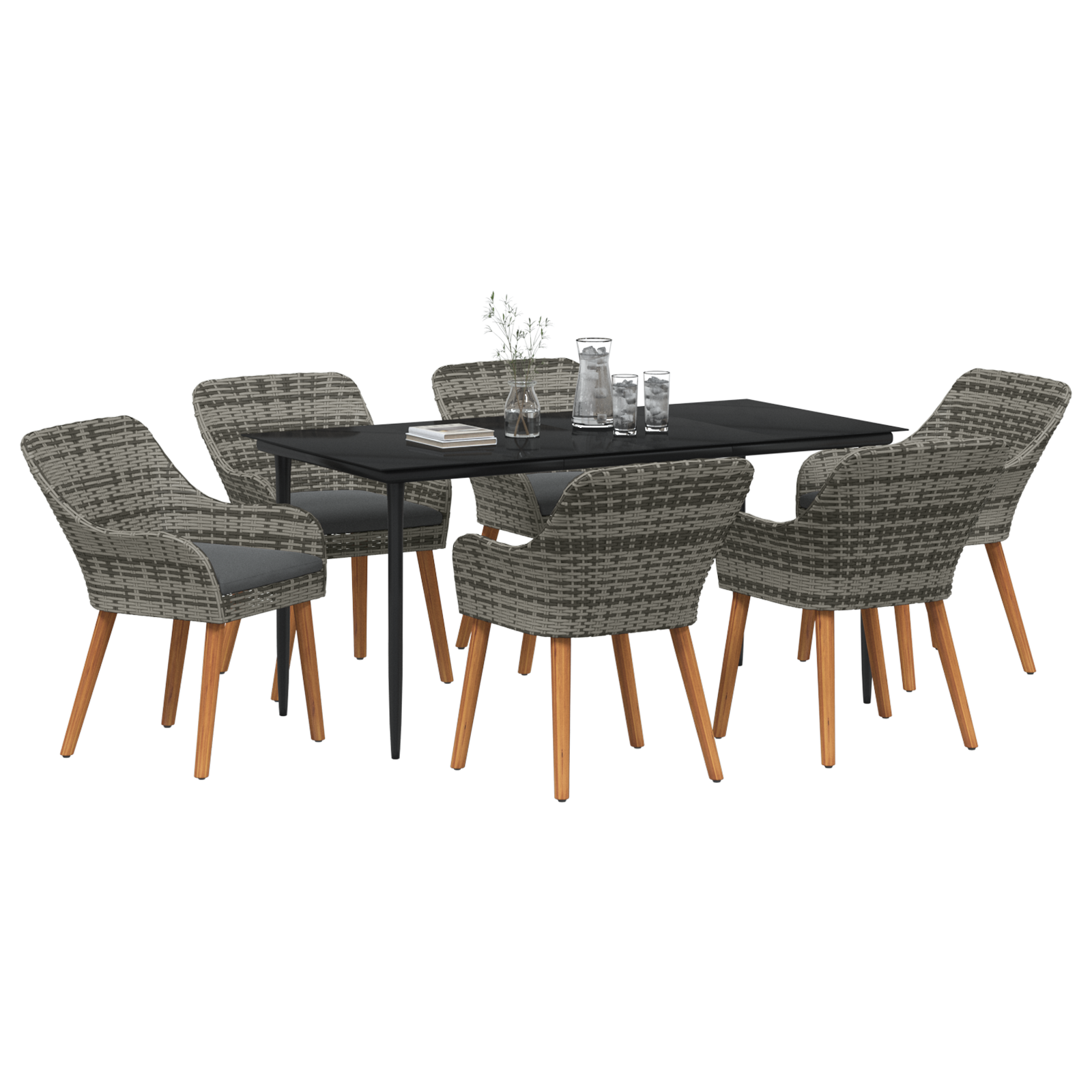 7 Piece Garden Dining Set Grey Poly Rattan - Image 3