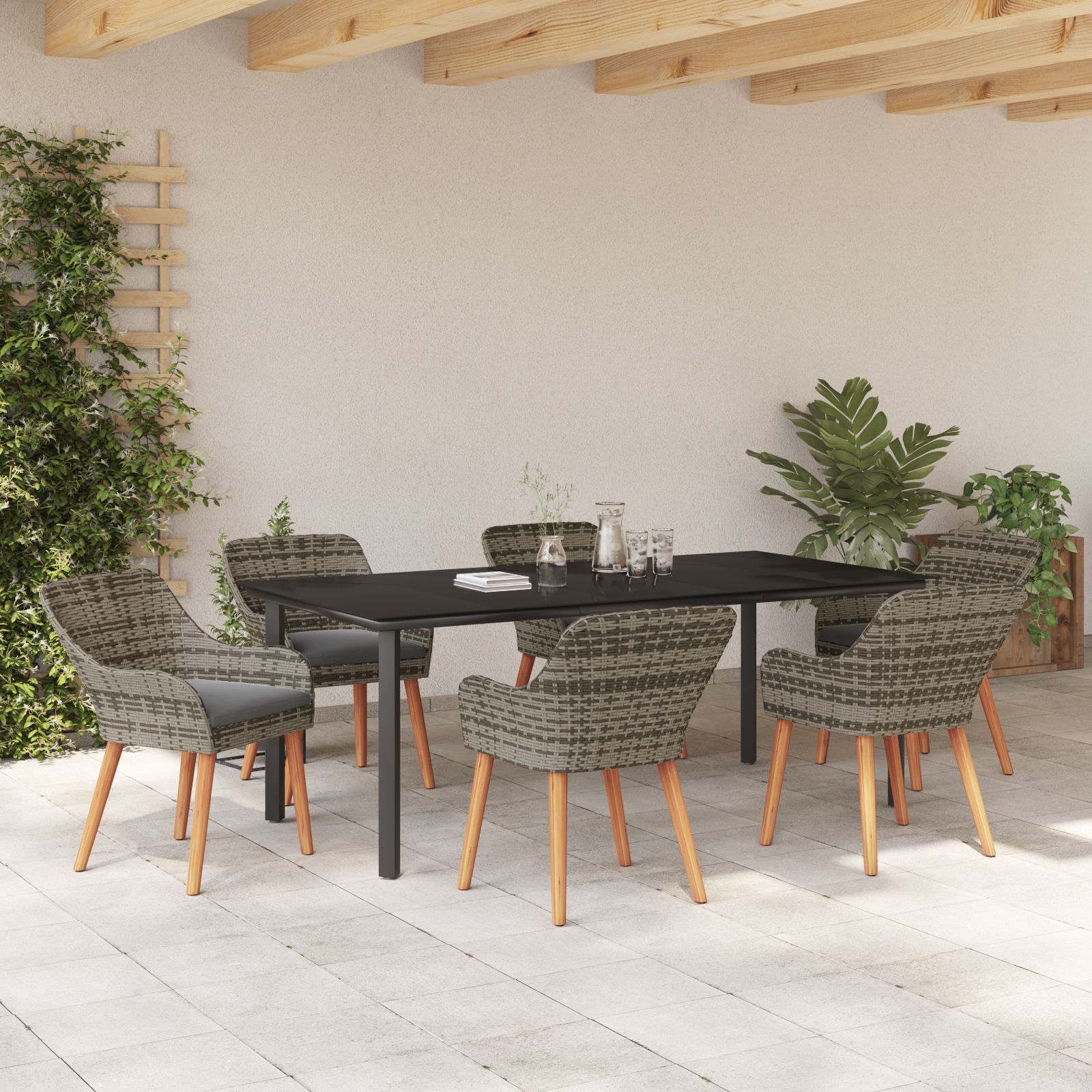 7 Piece Garden Dining Set Grey Poly Rattan - Image 4