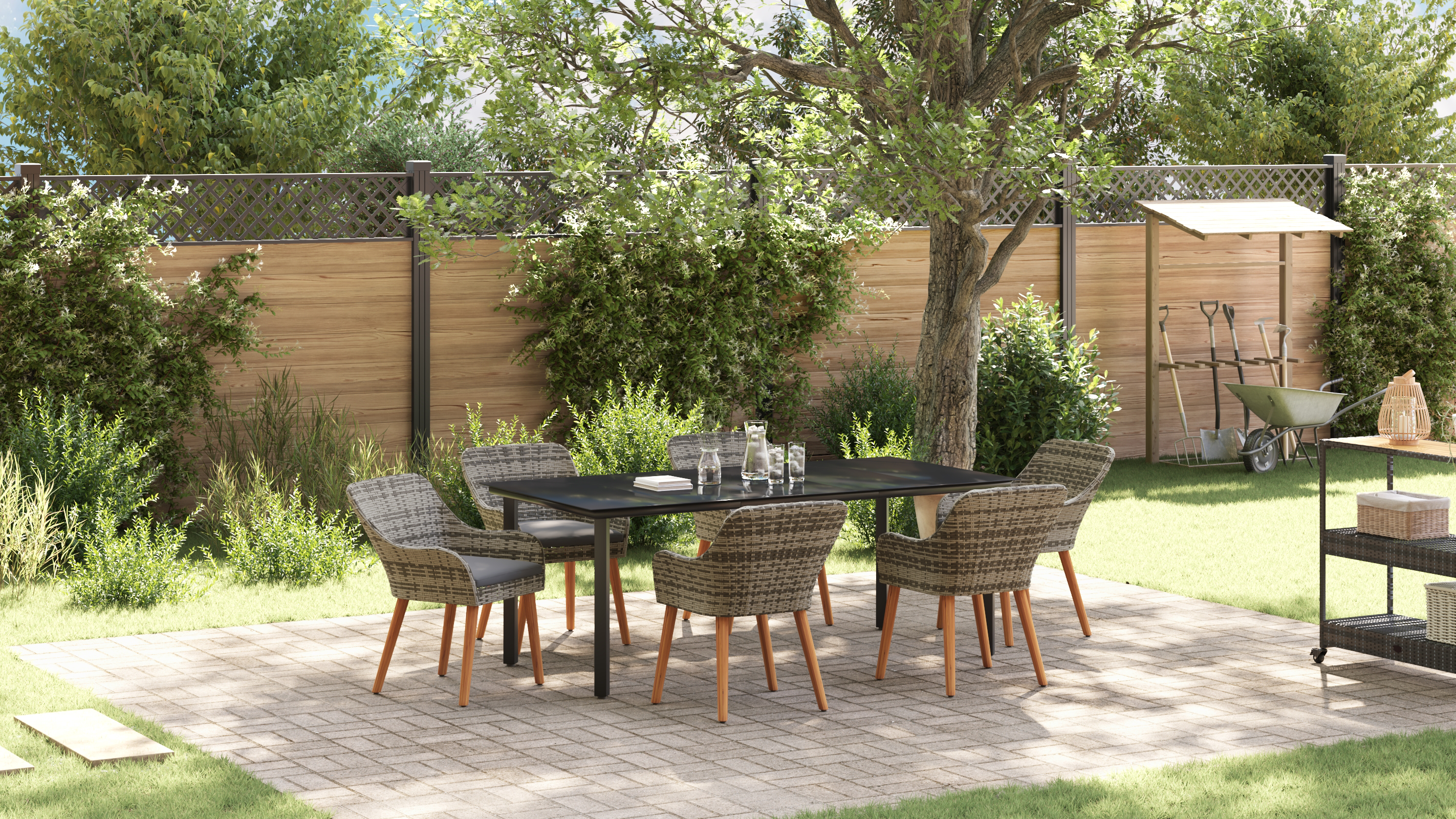 7 Piece Garden Dining Set Grey Poly Rattan - Image 5