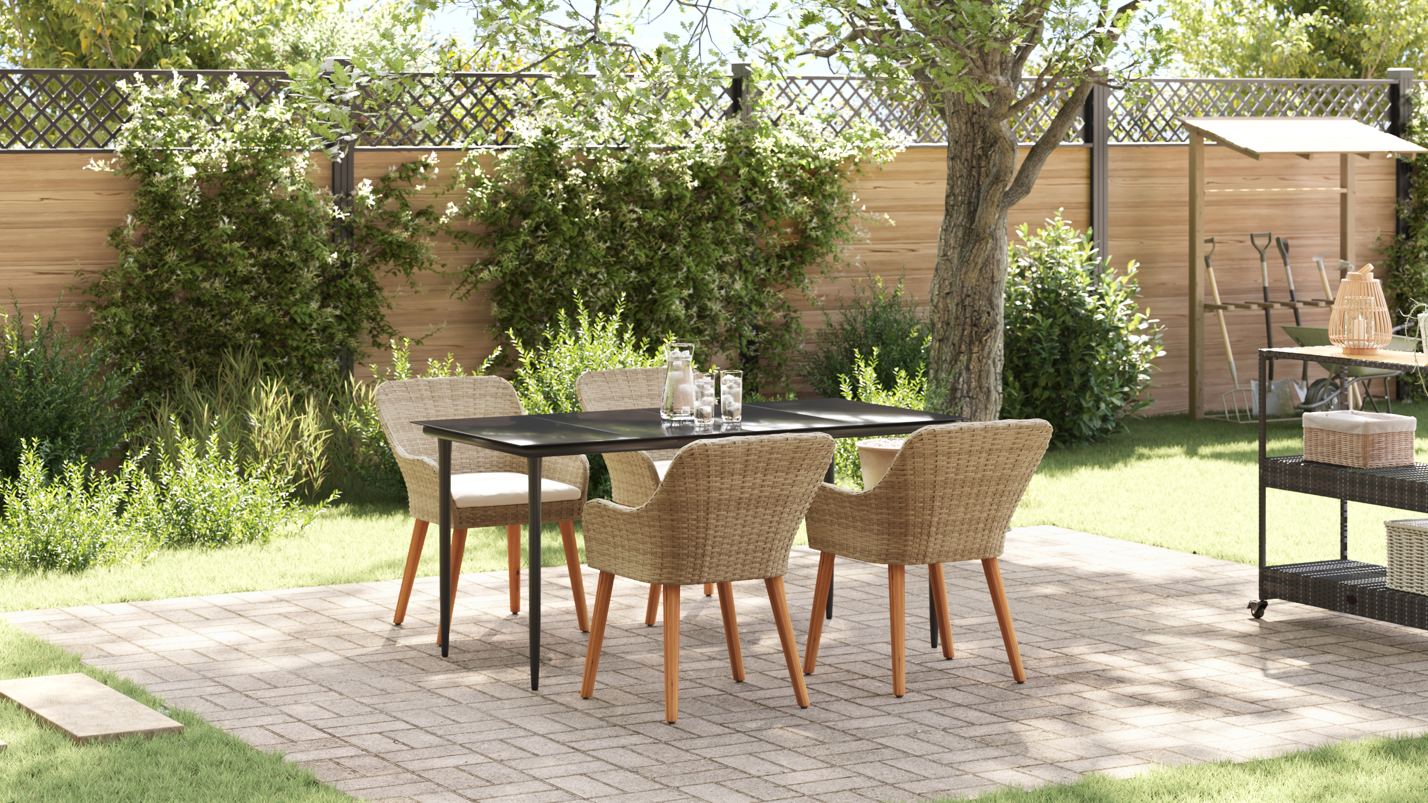 5 Piece Garden Dining Set Beige Poly Rattan - Image 5