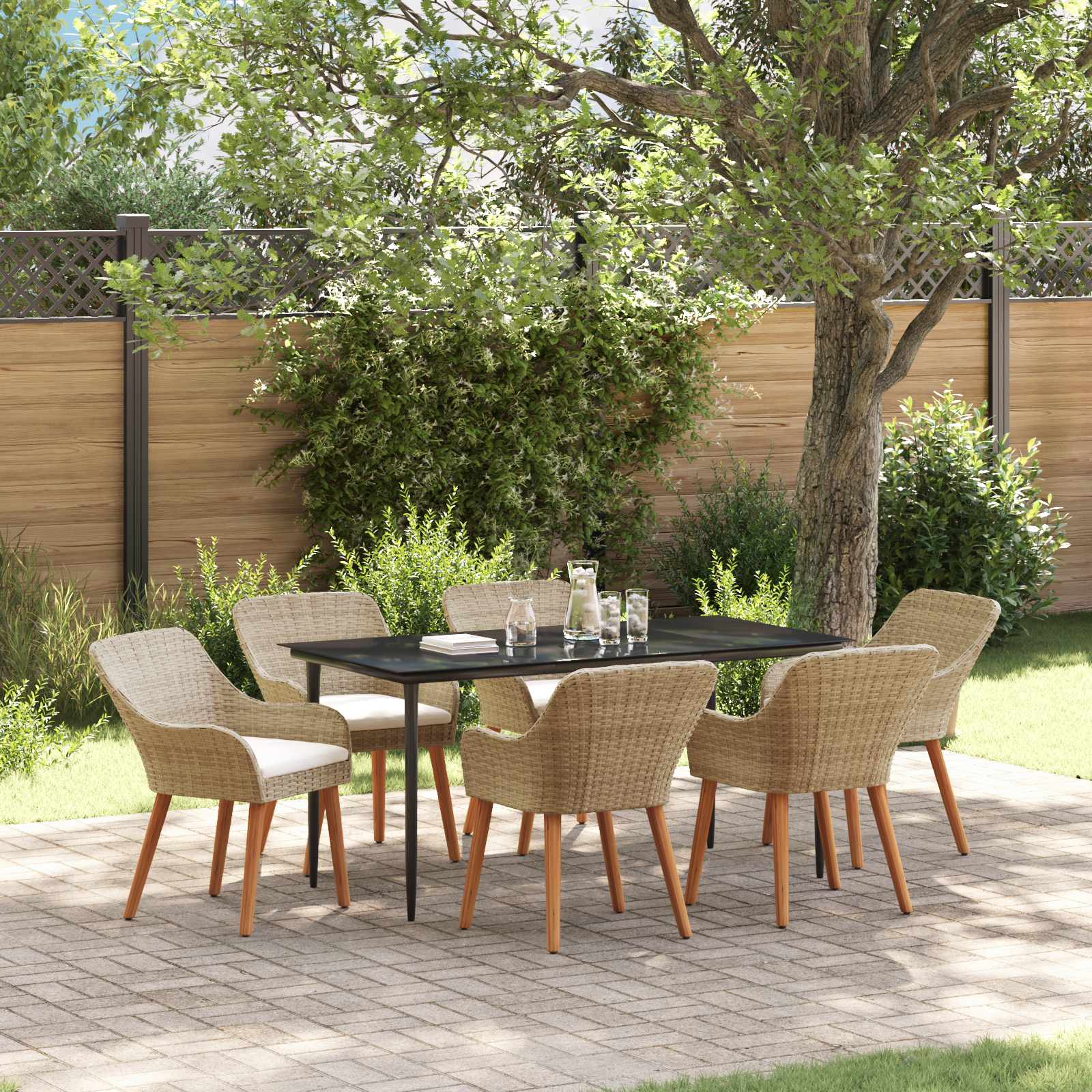 7 Piece Garden Dining Set Beige Poly Rattan