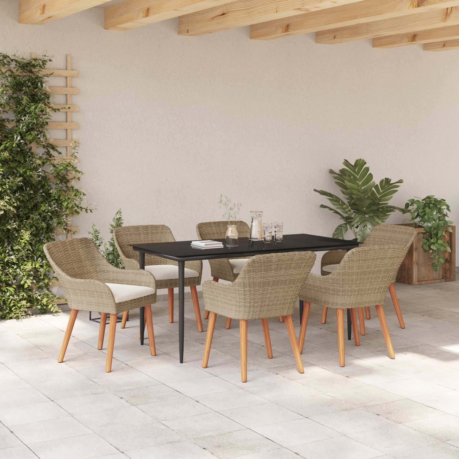 7 Piece Garden Dining Set Beige Poly Rattan - Image 4
