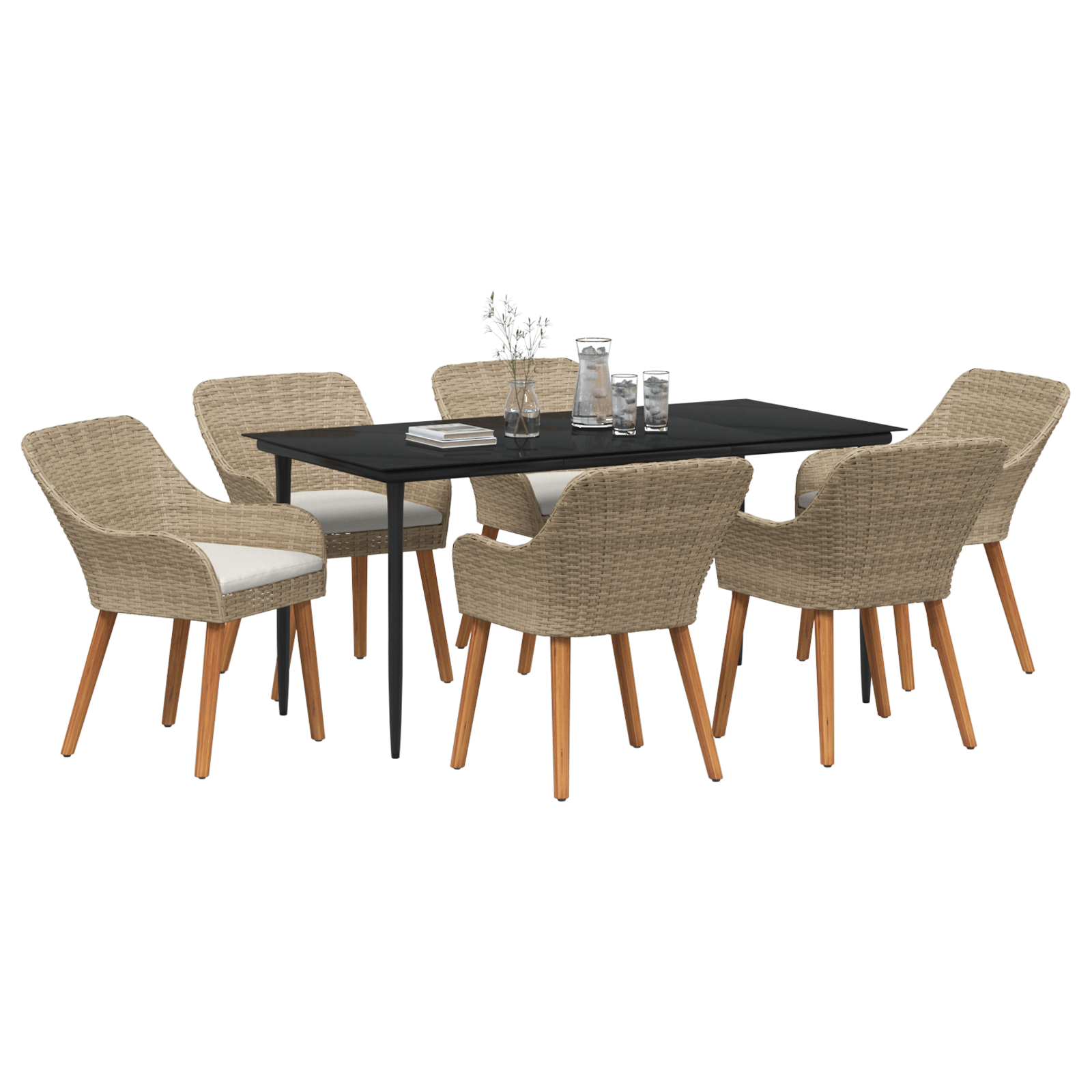 7 Piece Garden Dining Set Beige Poly Rattan - Image 3