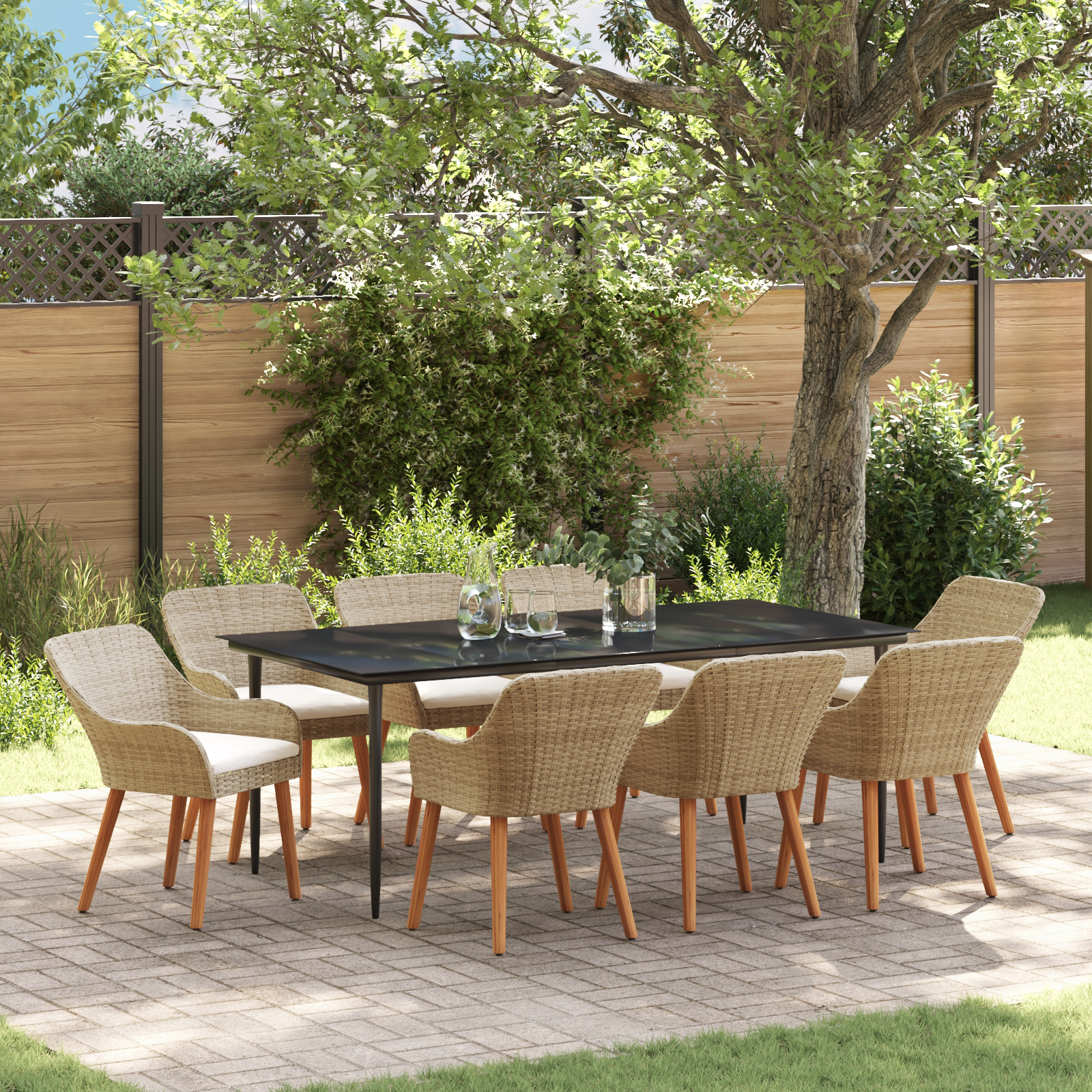 9 Piece Garden Dining Set Beige Poly Rattan