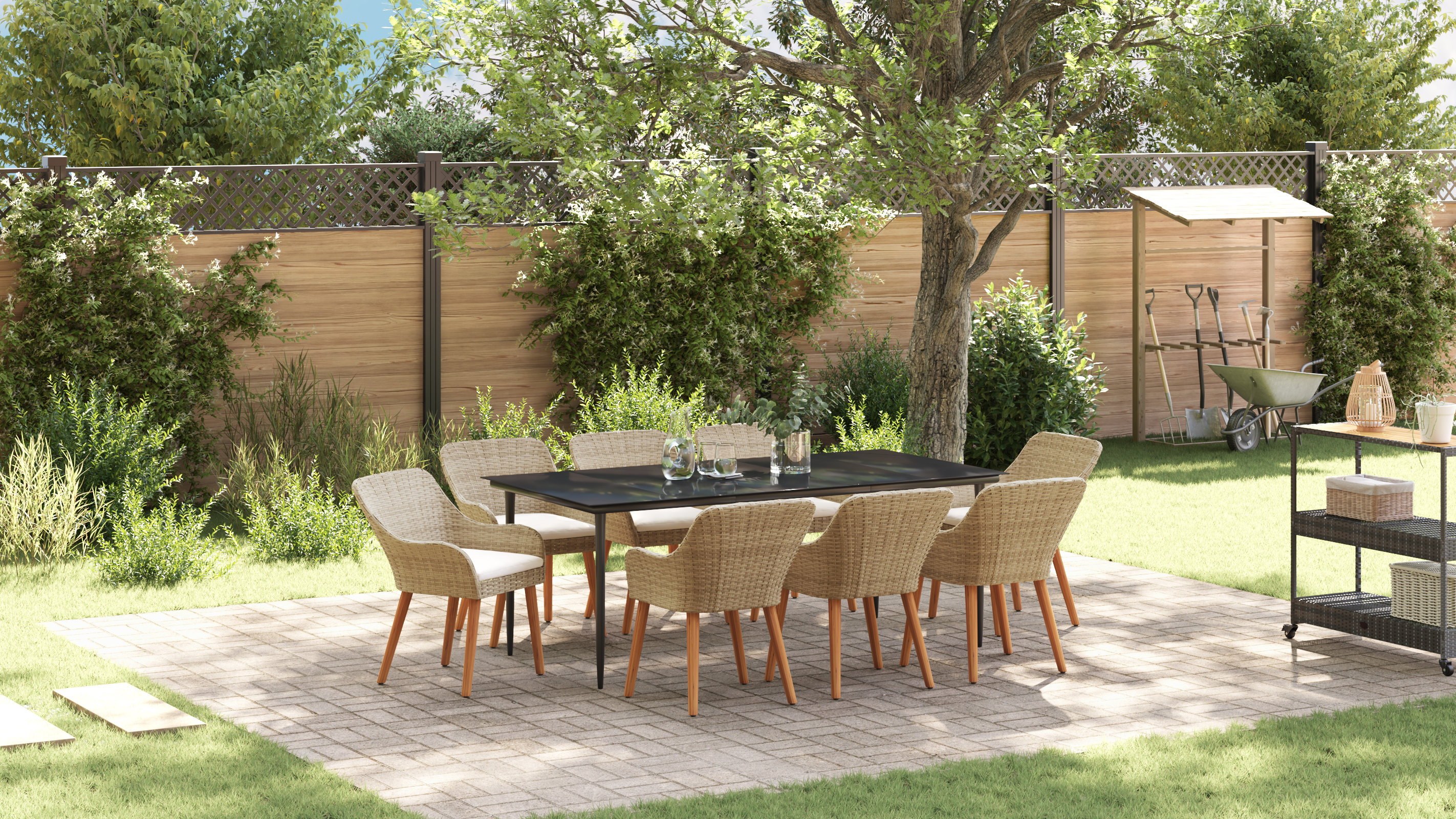 9 Piece Garden Dining Set Beige Poly Rattan - Image 5