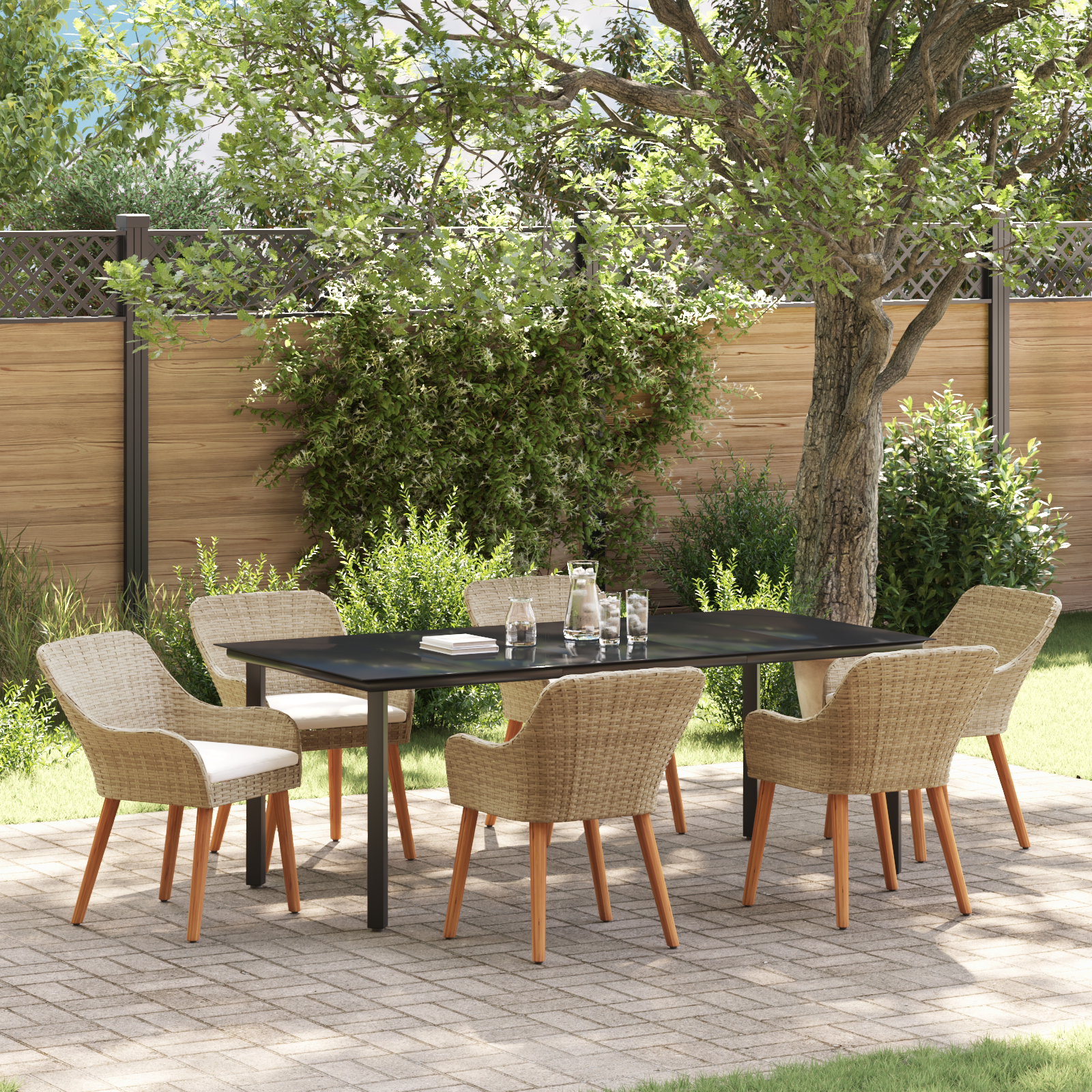 7 Piece Garden Dining Set Beige Poly Rattan