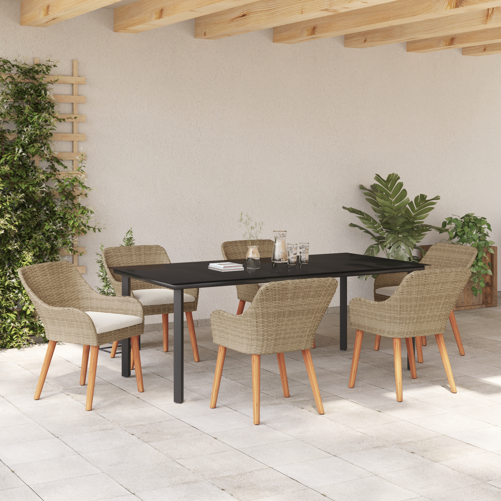 7 Piece Garden Dining Set Beige Poly Rattan - Image 4