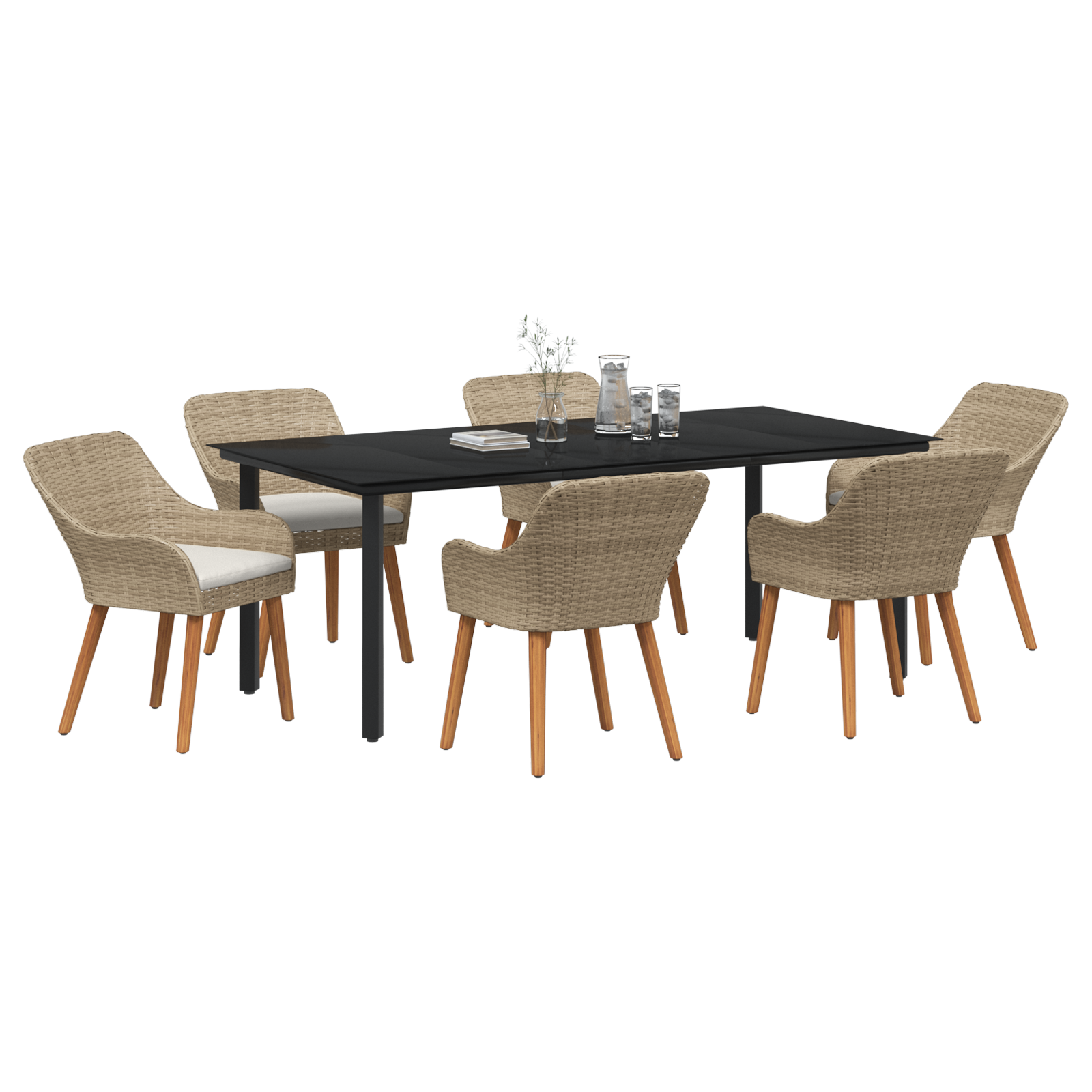 7 Piece Garden Dining Set Beige Poly Rattan - Image 3
