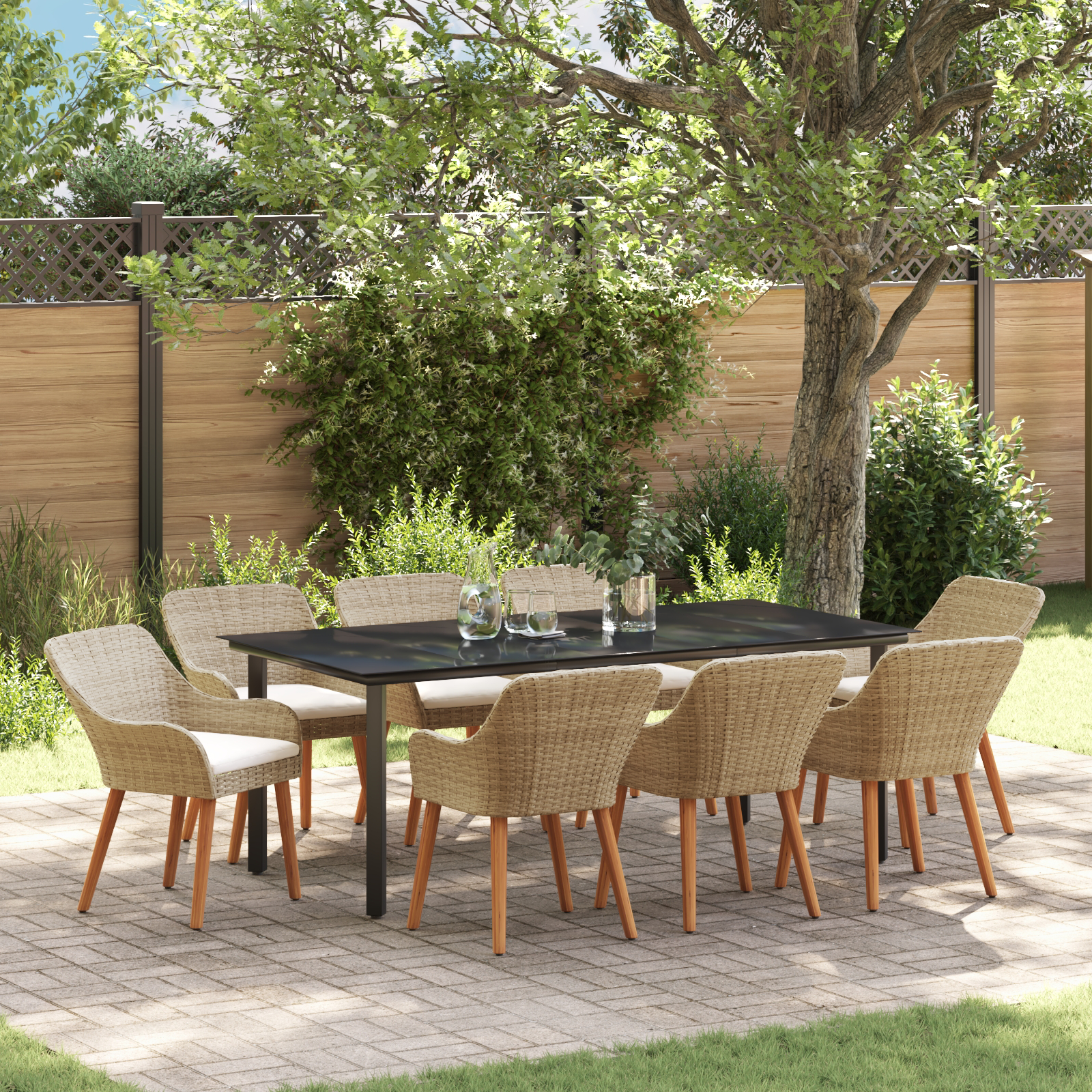 9 Piece Garden Dining Set Beige Poly Rattan