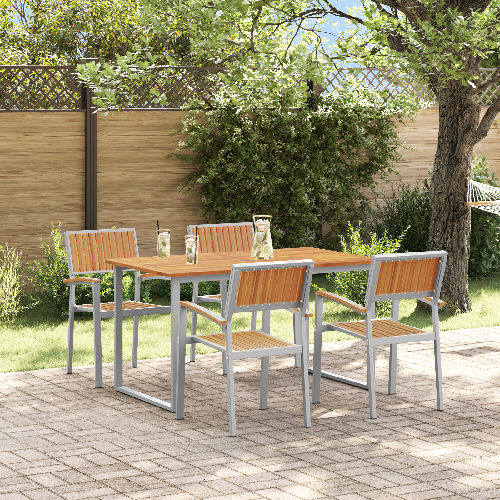 5 Piece Garden Dining Set Grey Steel and Solid Wood Acacia
