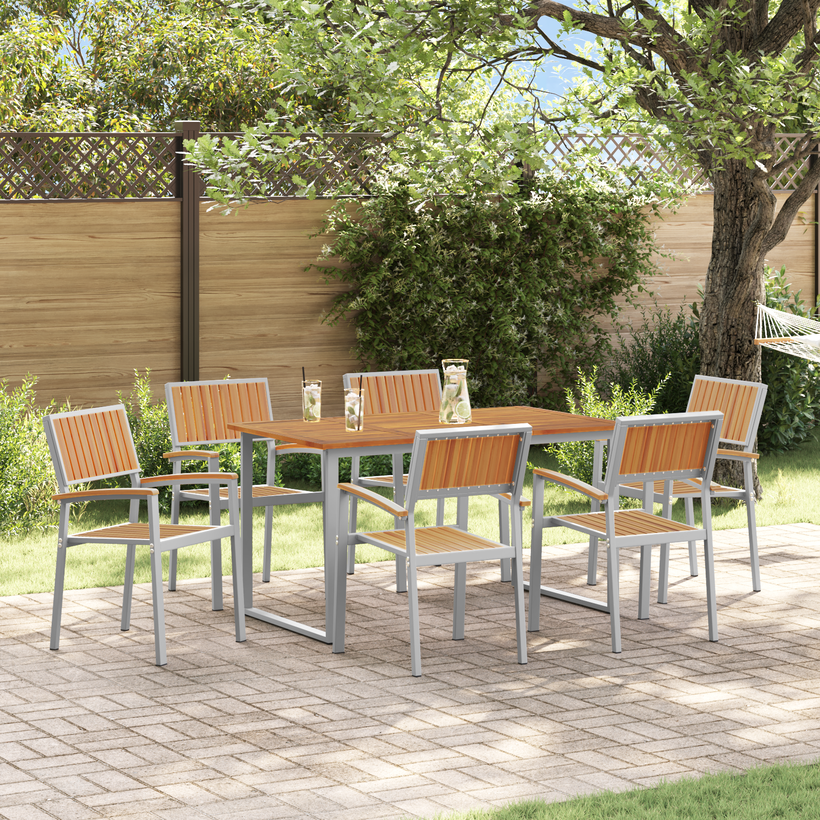 7 Piece Garden Dining Set Grey Steel and Solid Wood Acacia