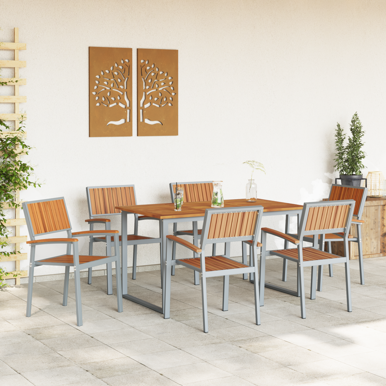7 Piece Garden Dining Set Grey Steel and Solid Wood Acacia - Image 4