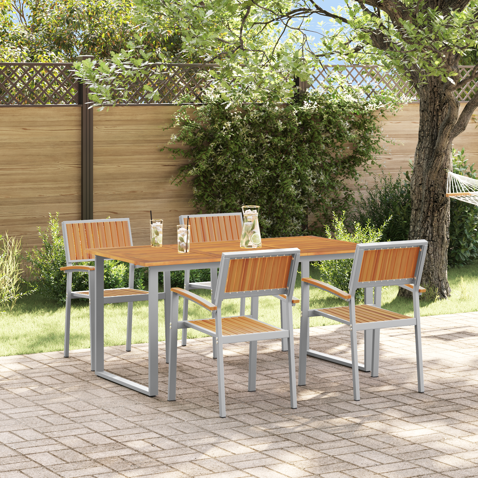 5-delige Tuin Eettafelset Grijs Staal en Massief Acacia Hout