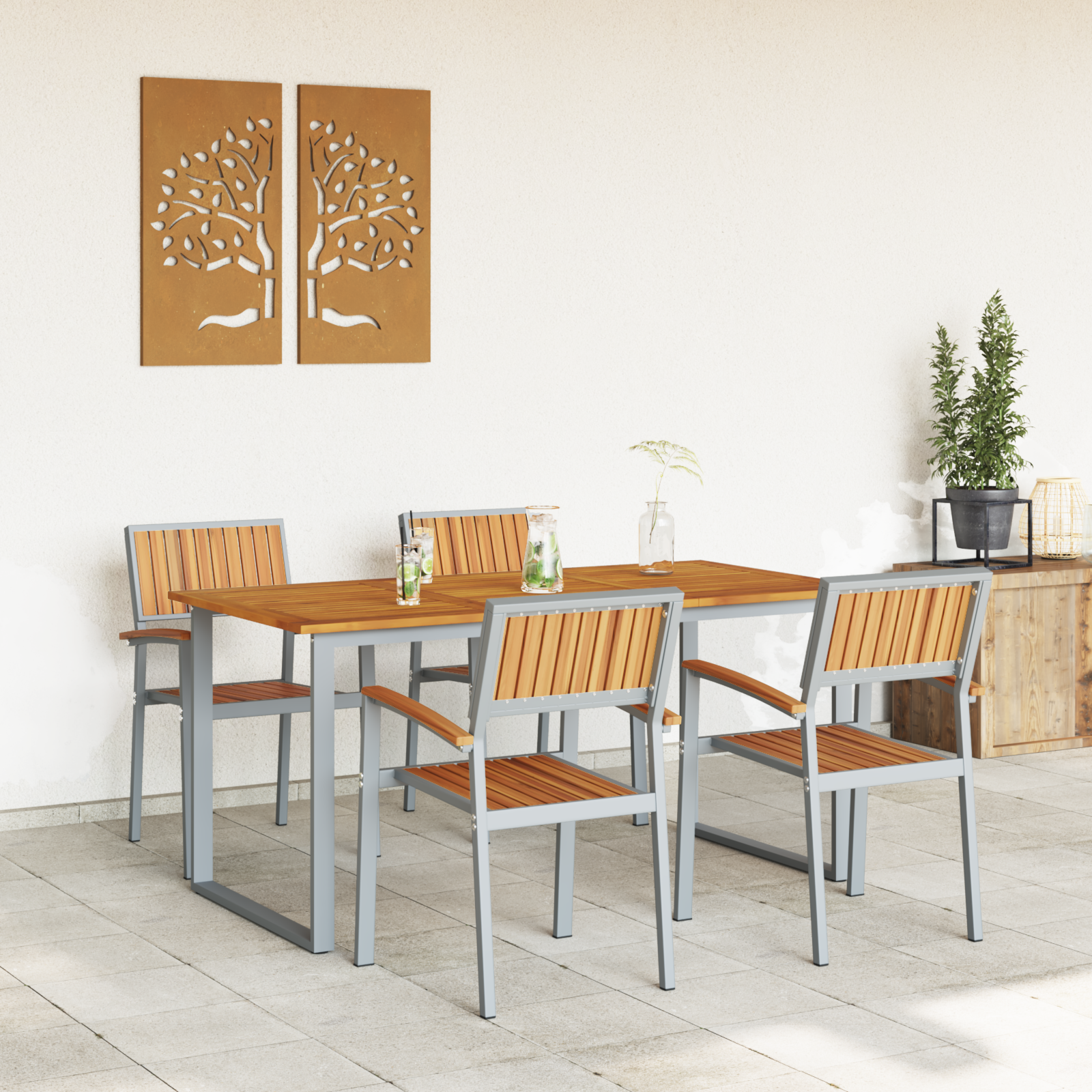 5 Piece Garden Dining Set Grey Steel and Solid Wood Acacia - Image 4