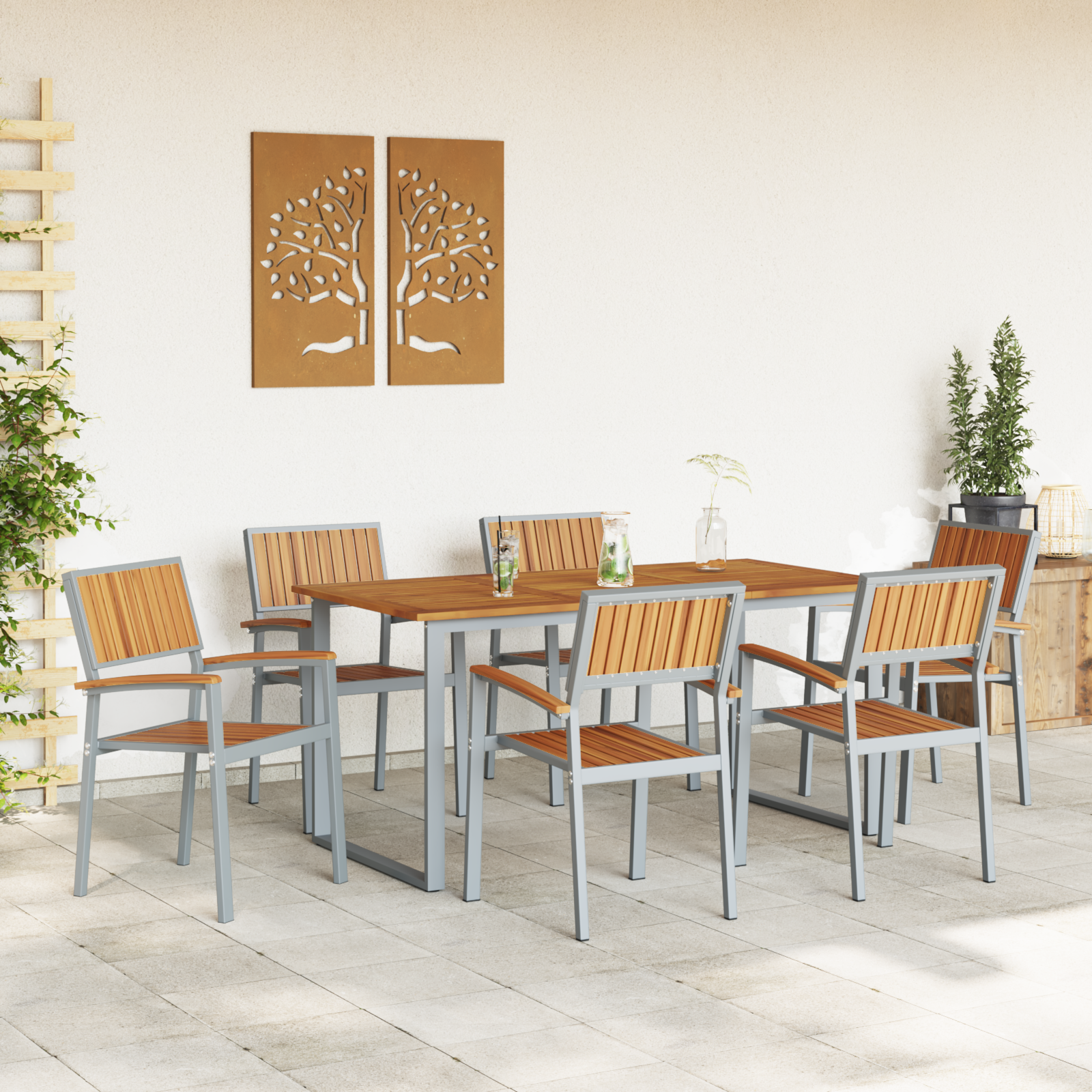 7 Piece Garden Dining Set Grey Steel and Solid Wood Acacia - Image 4