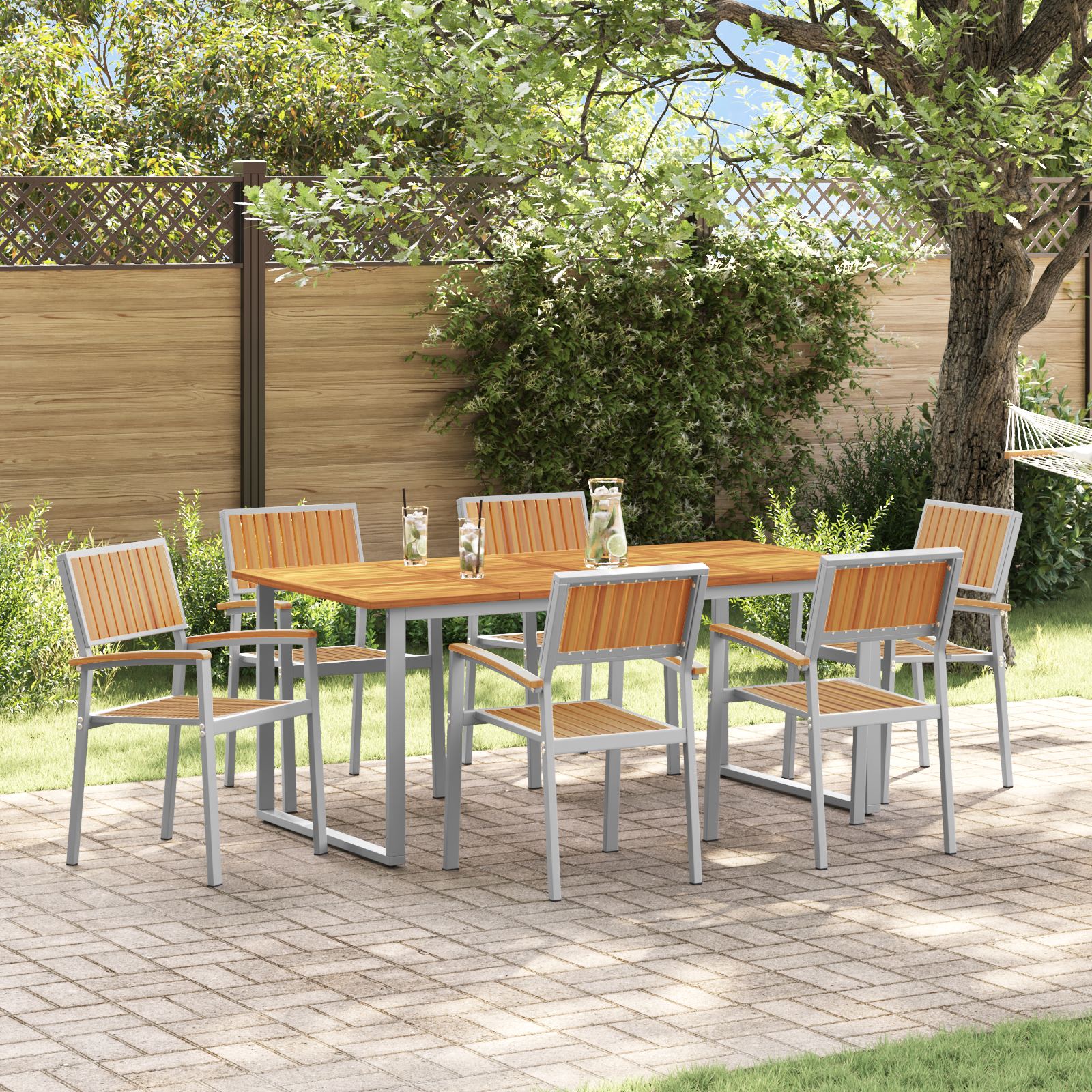 7 Piece Garden Dining Set Grey Steel and Solid Wood Acacia