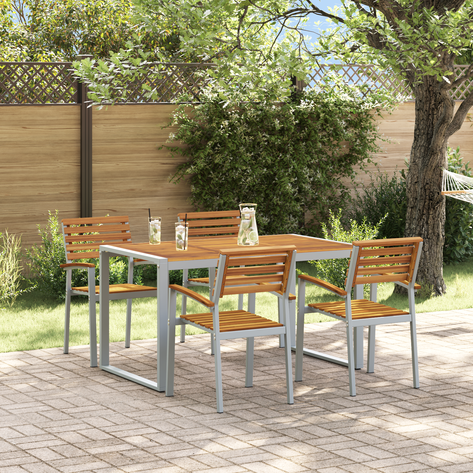 5-delige tuin eettafel set van massief acaciahout en metaal