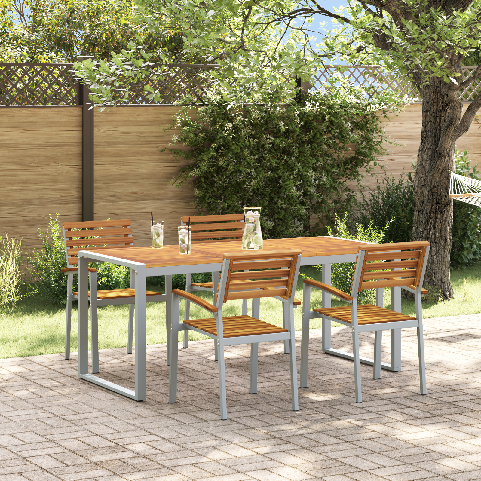 5-Piece Tuin Eetset Massief Hout Acacia en Metaal