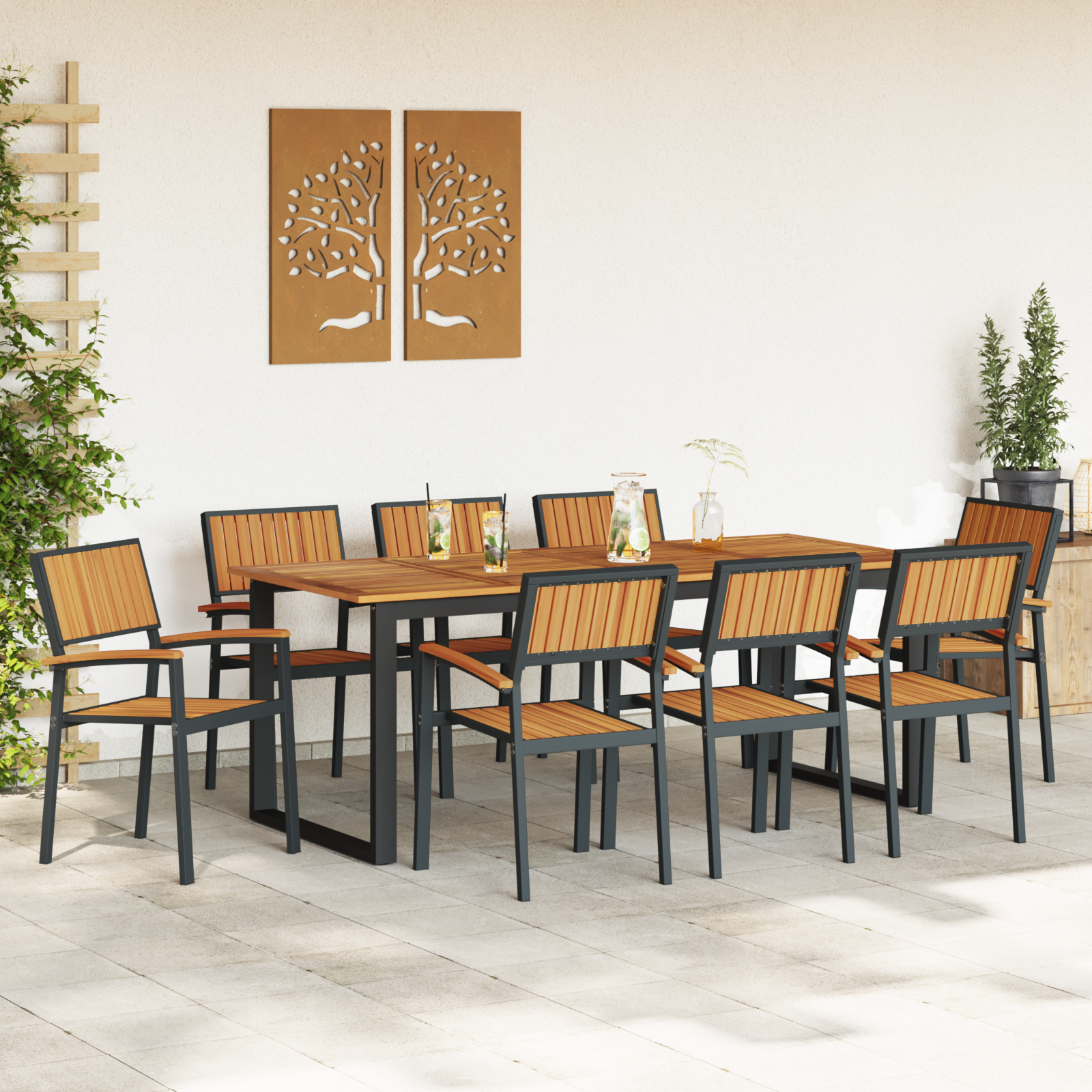 9 dalių sodo valgomojo komplektas juodo plieno ir akacijos medienos - Image 4