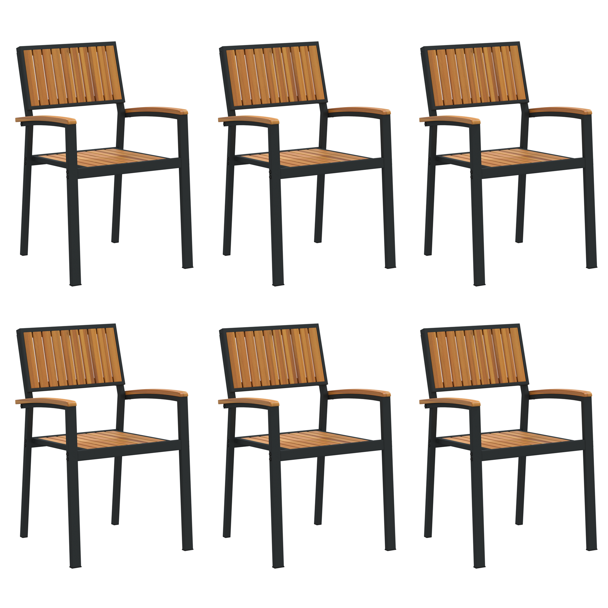 Stacking Garden Chairs 6 pcs Black Steel and Solid Wood Acacia - Image 2