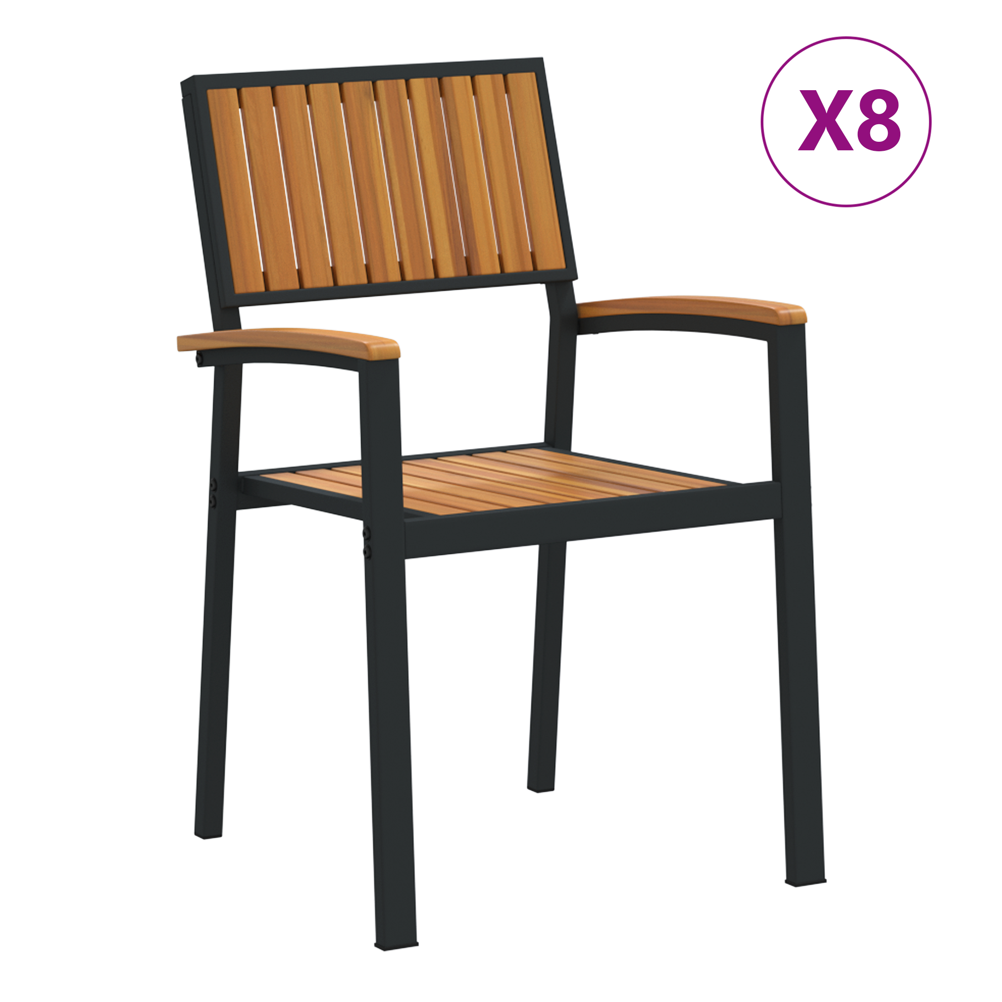 Stacking Garden Chairs 8 pcs Black Steel and Solid Wood Acacia - Image 2