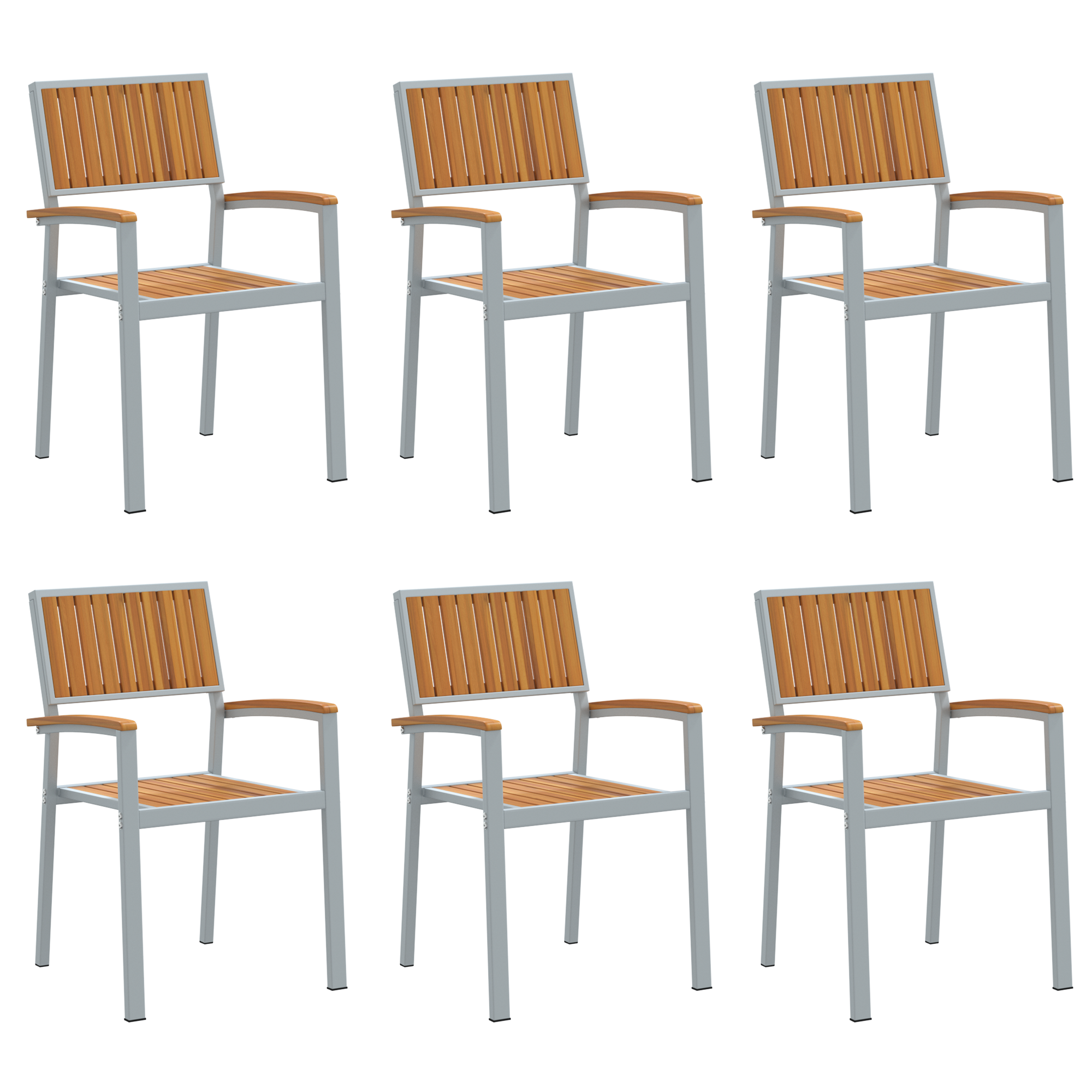 Stacking Garden Chairs 6 pcs Grey Steel and Solid Wood Acacia - Image 2
