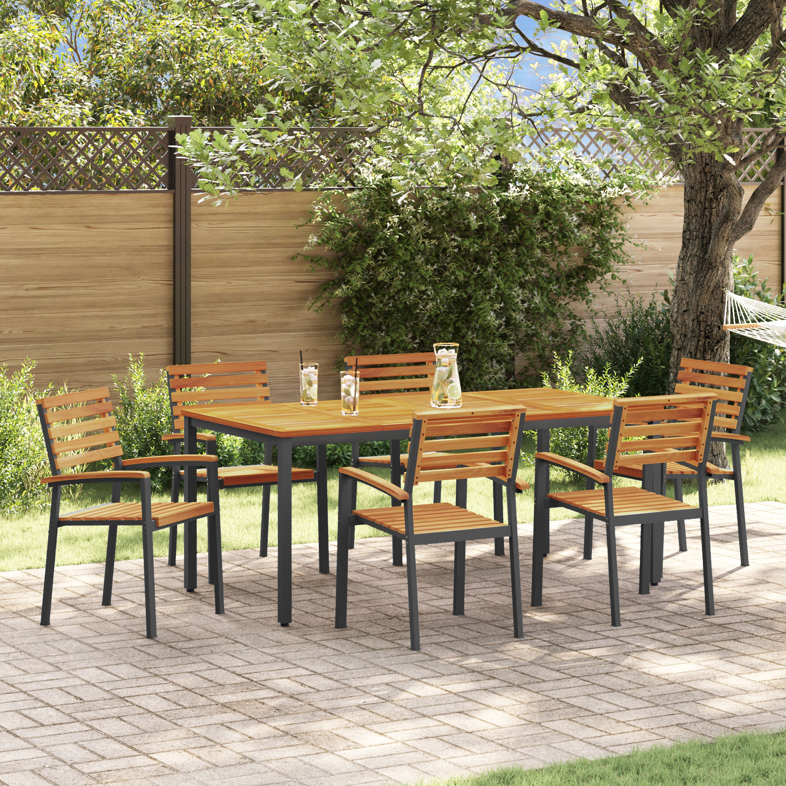 7-delige Tuin Eettafel Set Massief Hout Acacia en Metaal