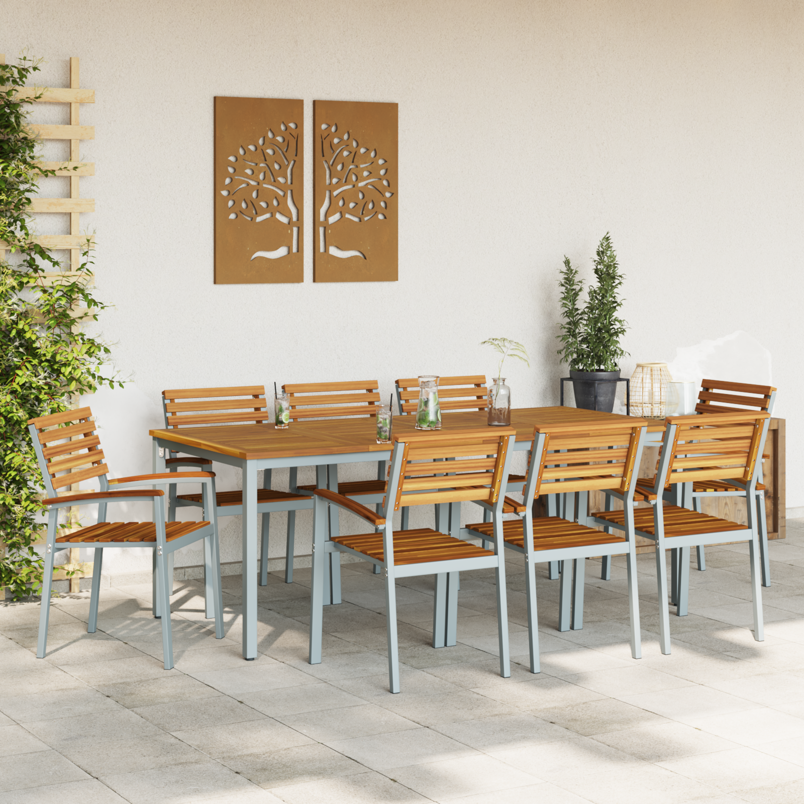 9 части градински обедна маса комплект солидно дърво акация и метал - Image 4