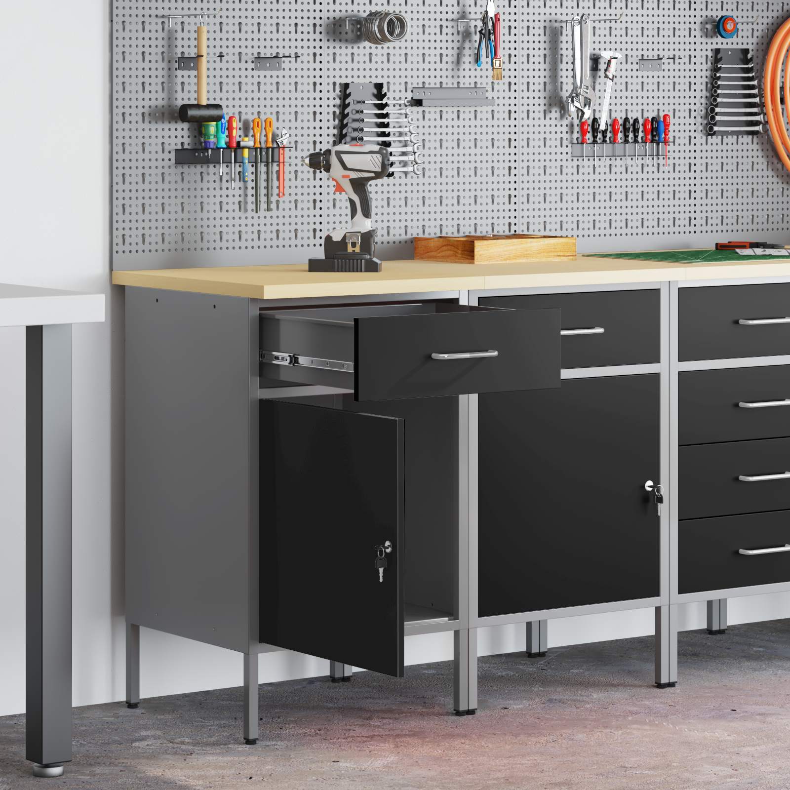 Work Cabinet 2 pcs Black and Grey Engineered Wood and Steel