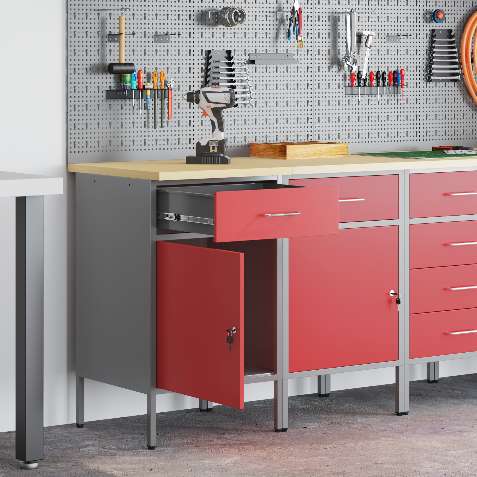 Work Cabinet 2 pcs Red and Grey Engineered Wood and Steel