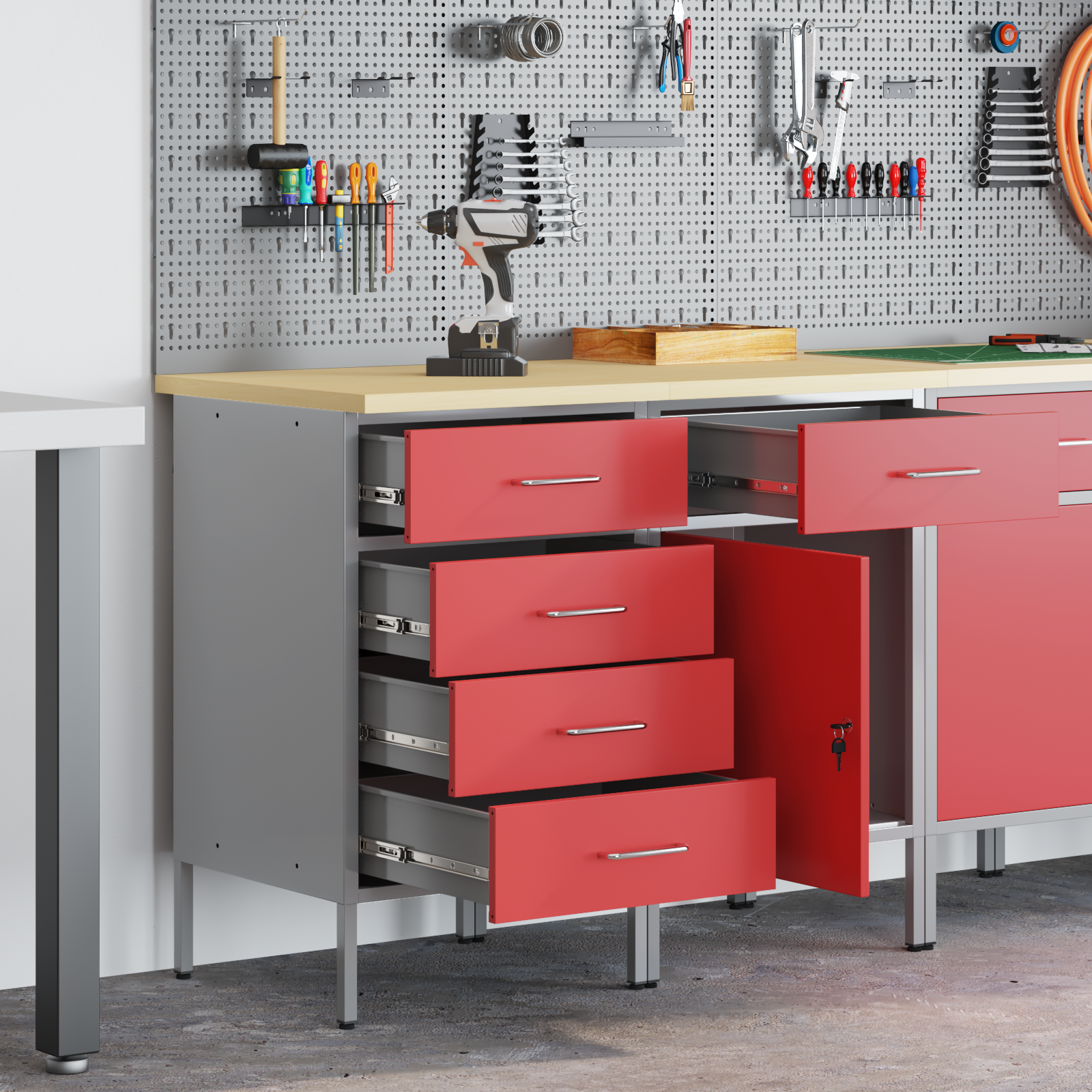 2 Piece Work Cabinet Set Red and Grey Engineered Wood and Steel