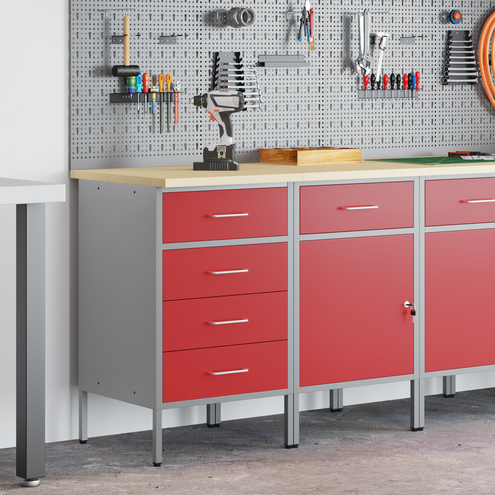 2 Piece Work Cabinet Set Red and Grey Engineered Wood and Steel - Image 3