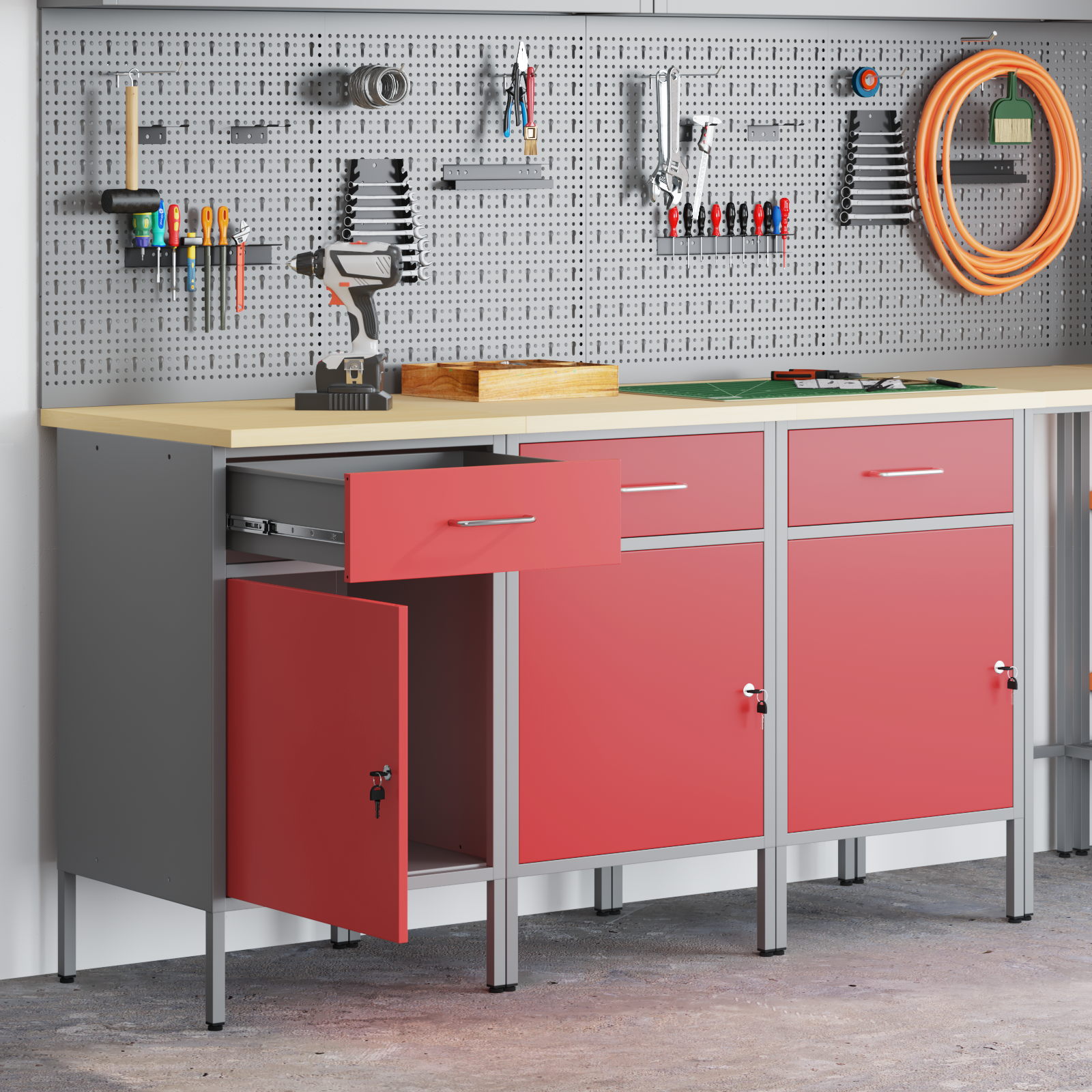 Work Cabinet Set Set of 3 Red and Grey Steel 150 x 55 x 85 cm